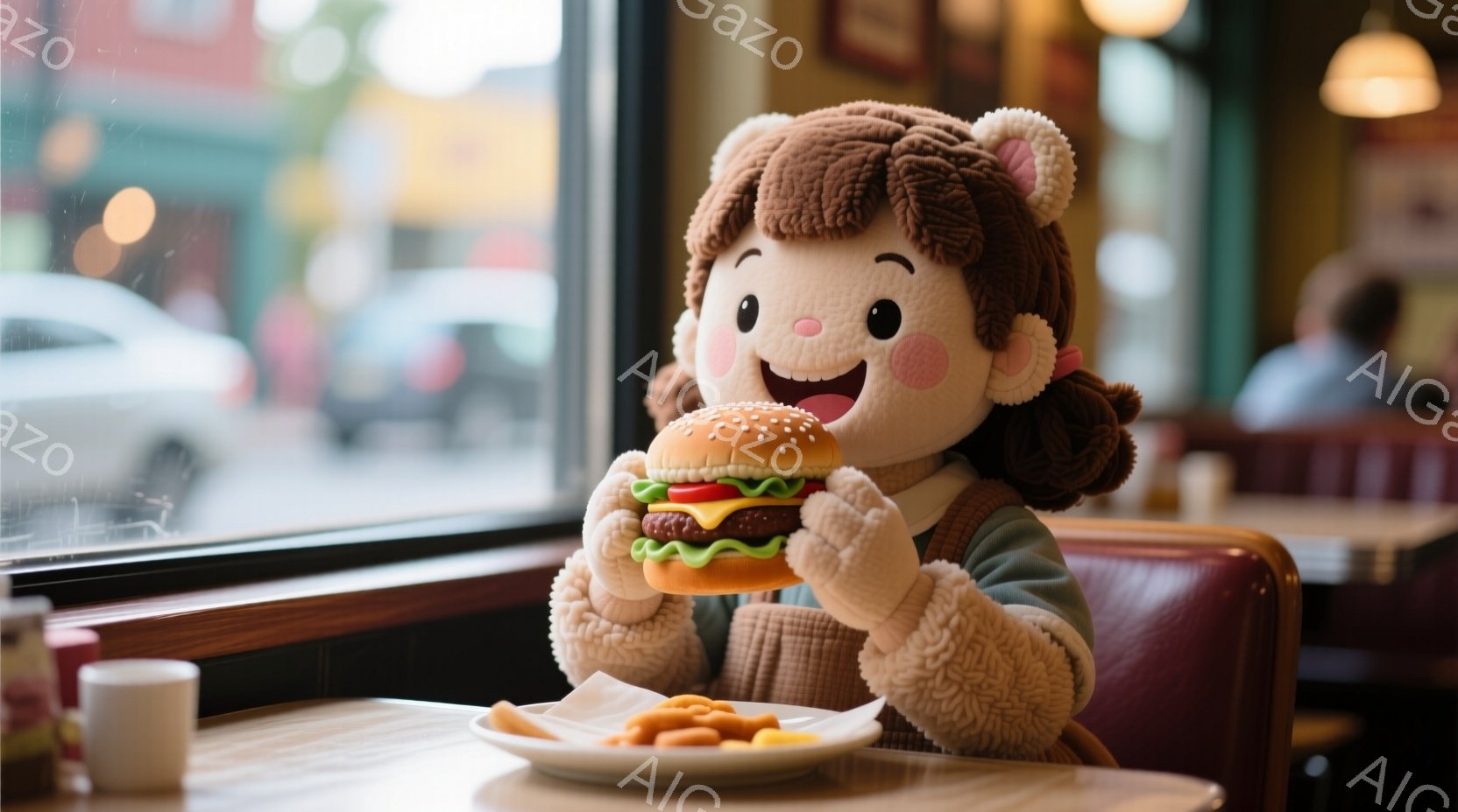 明るい茶色の巻き毛に、赤い頬と大きな笑顔が印象的な女性が、ハンバーガーを両手で抱えて美味しそうに頬張っています。ふわふわのクリーム色のセーターを着ており、背景には窓の外の賑やかな街並みと、アメリカンダイナーのような内装が見えます。温かく親しみやすい雰囲気で、食事を楽しむ幸せな瞬間が切り取られています。