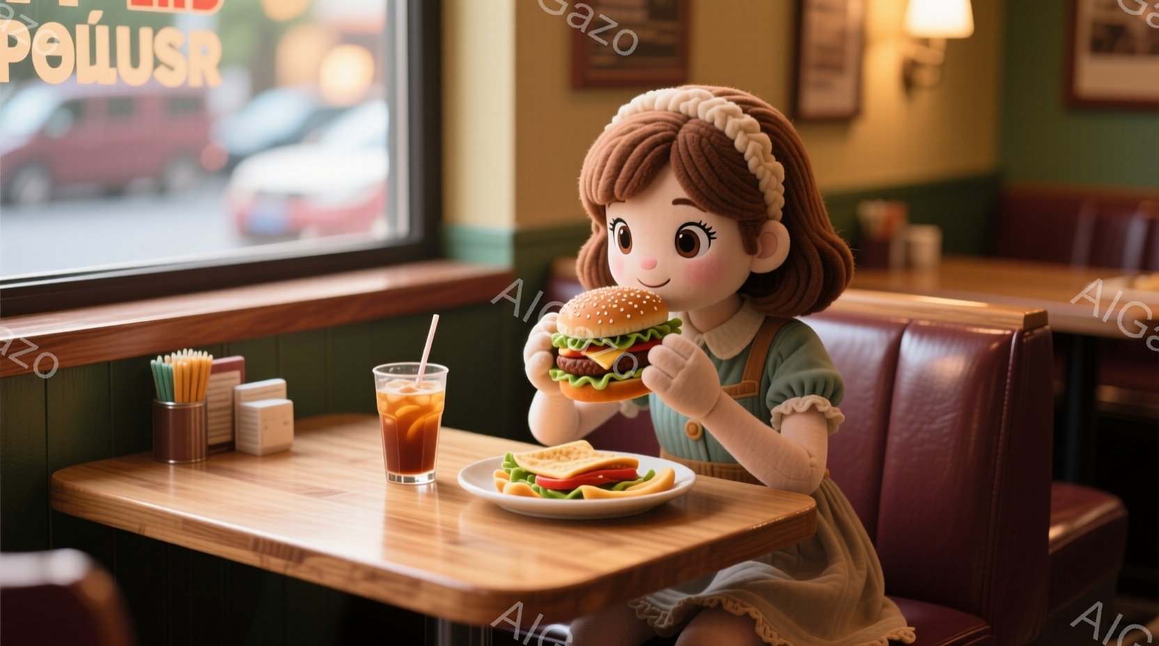 明るい茶色の髪をカールさせてヘッドバンドで留めた女の子が、ハンバーガーを片手に楽しそうに食事をしている。赤いブース席に座り、ポテトとコーラが置かれたテーブルは木目で温かみがあり、背景には窓から見える街並みがぼんやりと見える。全体的に、レトロなダイナーの雰囲気を持ち、穏やかで幸せな空気を感じさせる。