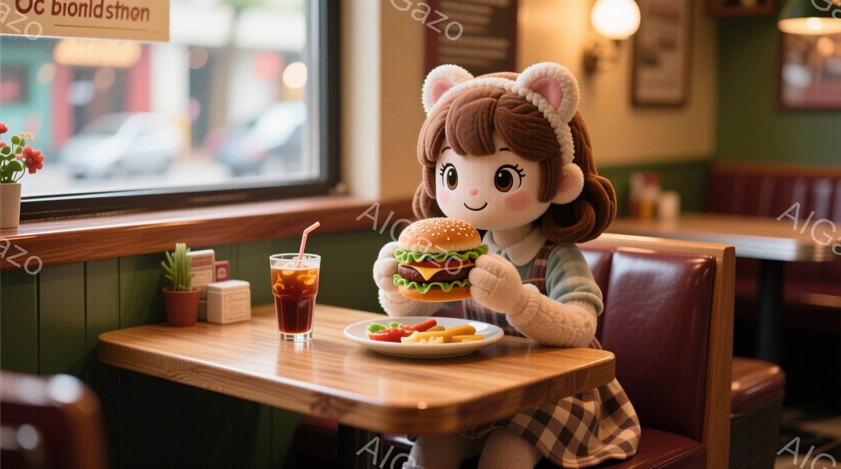 明るい色彩のダイナーで、ウサギ耳のついた少女がハンバーガーを手に持っています。彼女はチェック柄のスカートと水色のジャケットを着ており、茶色の巻き毛が特徴的で、嬉しそうな表情をしています。背景には窓から見える街並みと、テーブルに置かれたフライドポテトと飲み物があり、温かく親しみやすい雰囲気が漂っています。