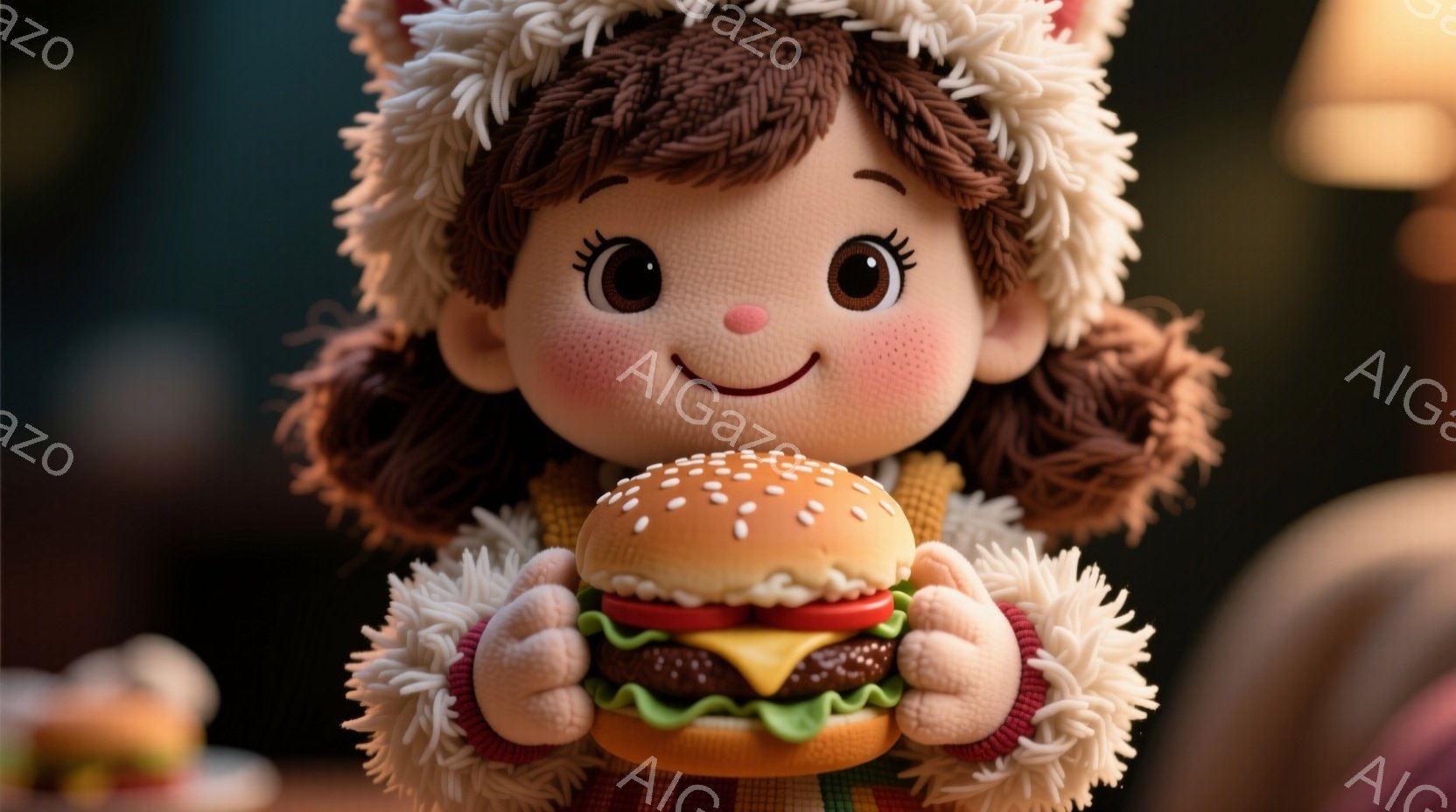 明るい茶色の巻き毛に、白いフリル付きの帽子を被った少女が描かれています。彼女は両手で大きなハンバーガーを持ち上げ、嬉しそうな笑顔を浮かべています。背景はややぼやけていますが、レストランのような暖かく、少し薄暗い雰囲気で、他のハンバーガーもテーブルに置かれています。