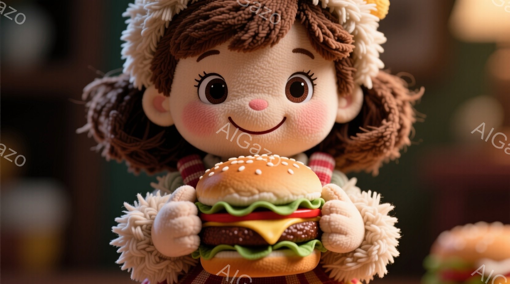 茶色い巻き毛の髪に赤いシャツを着た、可愛らしい女性の人形が描かれています。彼女は両手で大きなハンバーガーを持っており、頬を赤らめ、微笑んでいます。背景にはぼやけたハンバーガーの画像がいくつかあり、温かくて楽しげな雰囲気を醸し出しています。