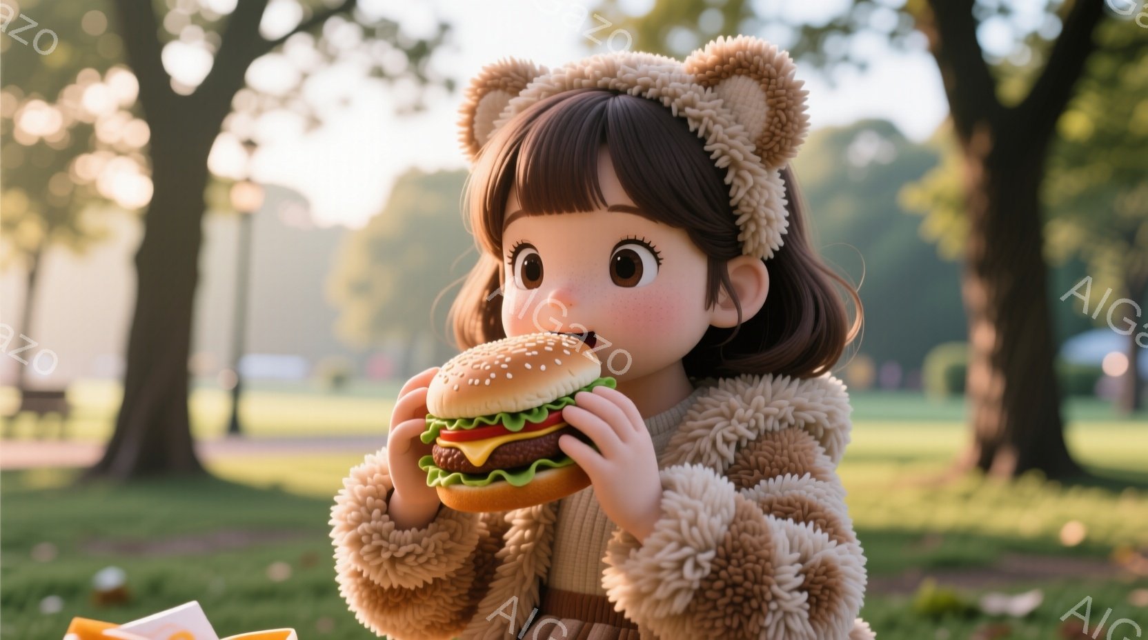 明るい日差しの公園で、ふわふわの毛皮のジャケットを着た幼い女の子がハンバーガーを食べている。彼女は茶色の短い巻き毛で、大きな瞳と微笑みを浮かべている。背景には緑豊かな芝生と木々が広がり、暖かく穏やかな雰囲気が漂っている。
