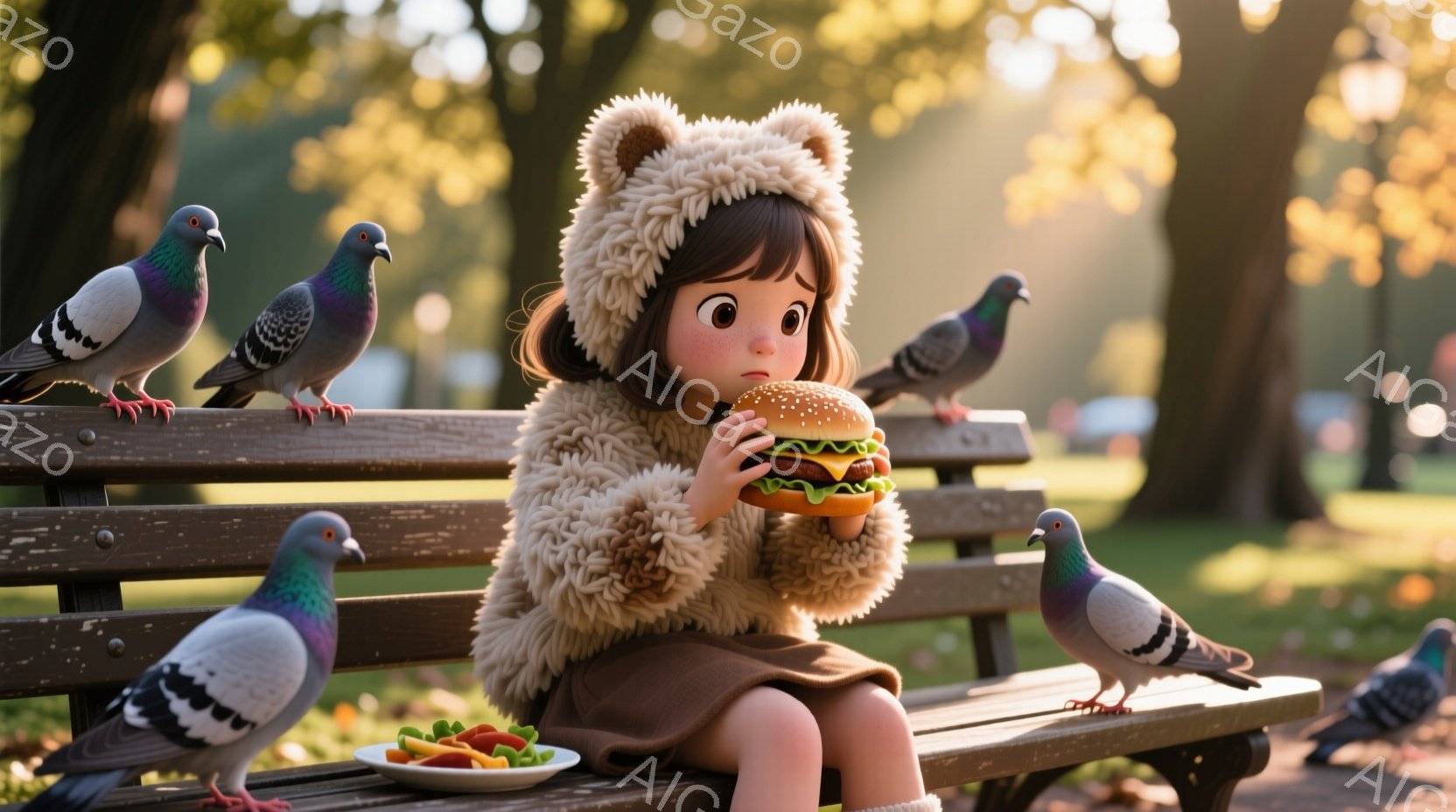 小さな女の子が公園のベンチに座り、ハンバーガーを食べています。彼女はふわふわのクリーム色のパーカーを着ており、ダークブラウンのボブヘアに、やや不安そうな表情を浮かべています。背景には木々と、彼女を取り囲むように集まった鳩たちがおり、穏やかで少し寂しげな雰囲気を醸し出しています。