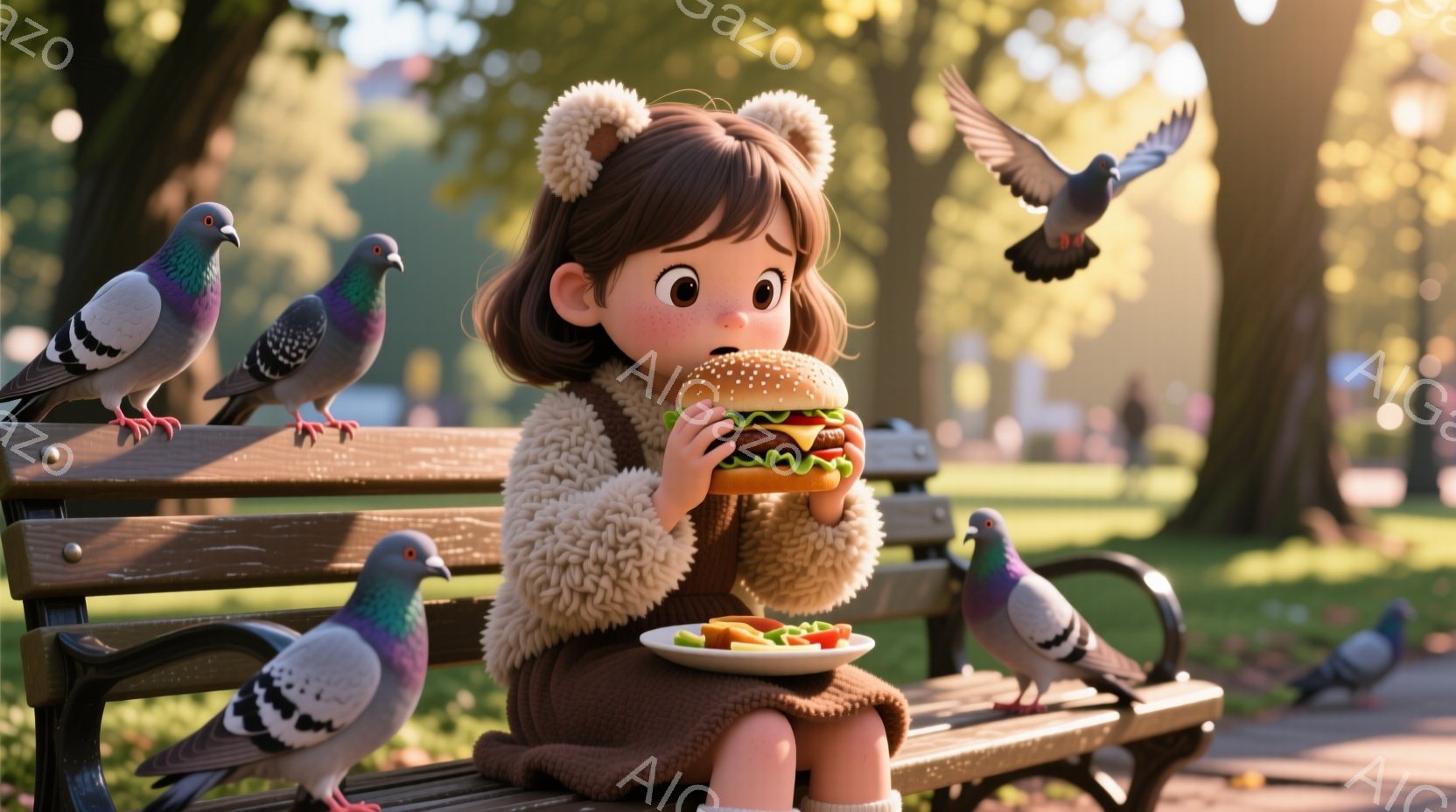 少女は公園のベンチに座り、大きなハンバーガーを美味しそうに食べています。茶色のふわふわしたセーターと、結び目がついた茶色の髪が特徴で、少し恥ずかしそうな笑顔を浮かべています。背景には、緑豊かな木々と建 - AI生成フリー素材