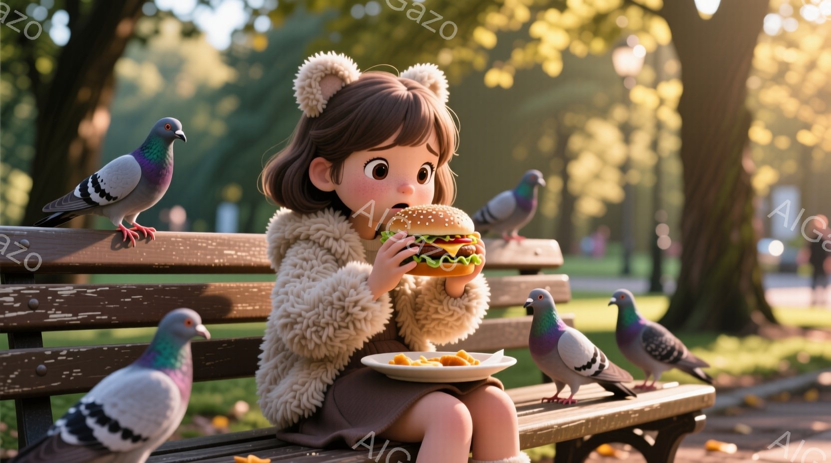 茶色いベンチに座る幼い少女は、ふわふわのクリーム色のコートを着て、短い茶色の巻き毛の髪型をしています。彼女は片手にハンバーガー、もう片手にフライドポテトの入ったお皿を持ち、美味しそうに食事を楽しんでいます。背景には緑豊かな木々や、数羽のハトがおり、穏やかで暖かく、平和な雰囲気の公園のようです。