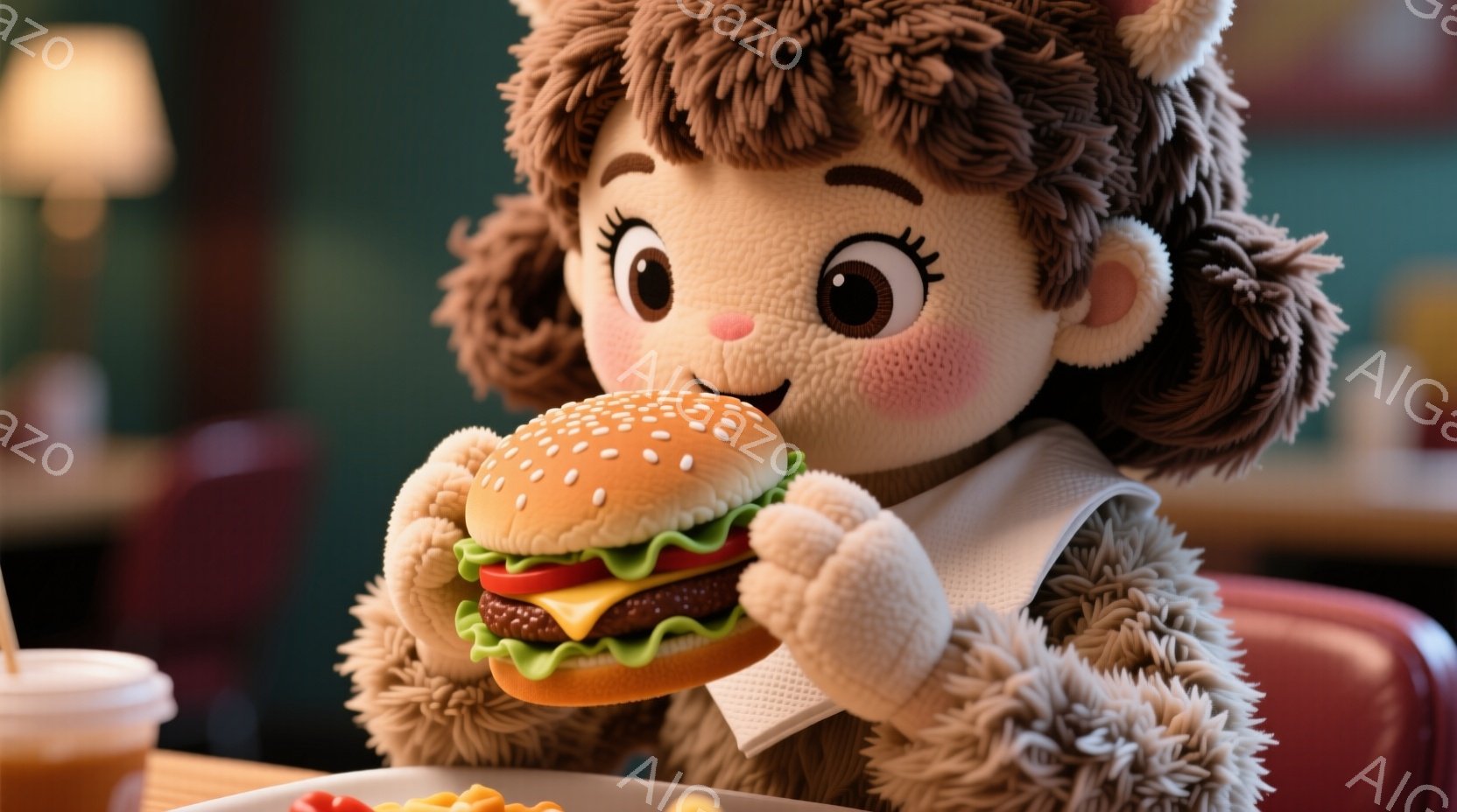 ふわふわの茶色の毛並みを持つ、可愛らしいキャラクターがハンバーガーを美味しそうに頬張っています。白のビブとカールした髪型が特徴的で、頬はほんのり赤く染まっています。背景はダイナーのような内装で、テーブルの上にはフライドポテトが置かれ、温かみのある雰囲気です。