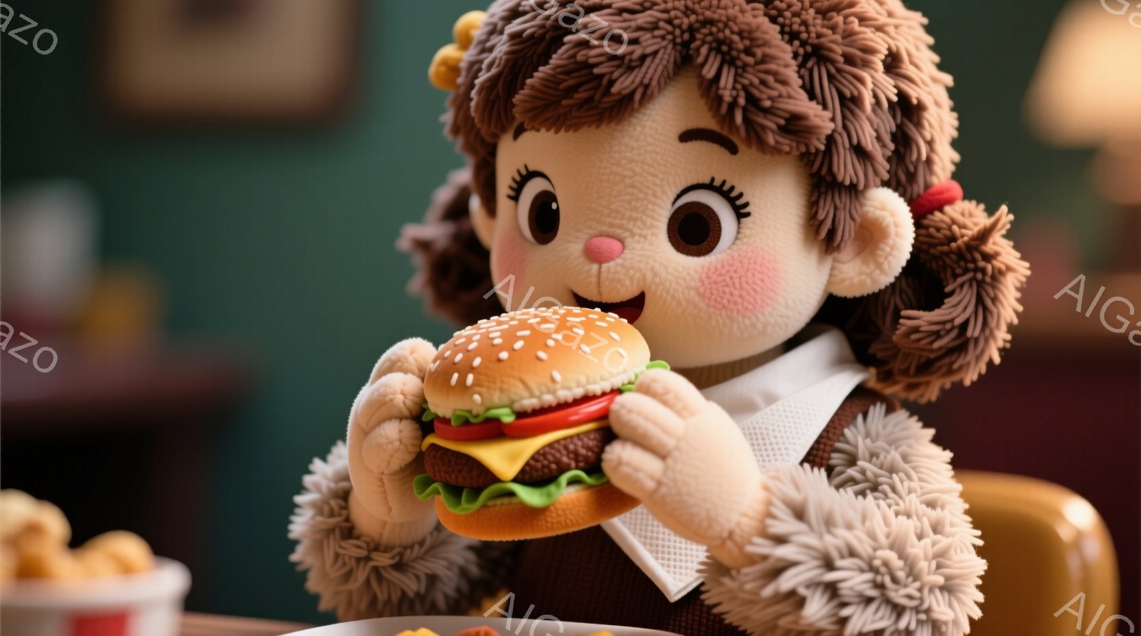 ふわふわとした茶色の髪を二つに結んだ女性のような人形が、大きなハンバーガーを両手で抱えて楽しそうに食べています。彼女は茶色のセーターと白い襟付きシャツを着ており、満面の笑みを浮かべています。背景には、 - AI生成フリー素材