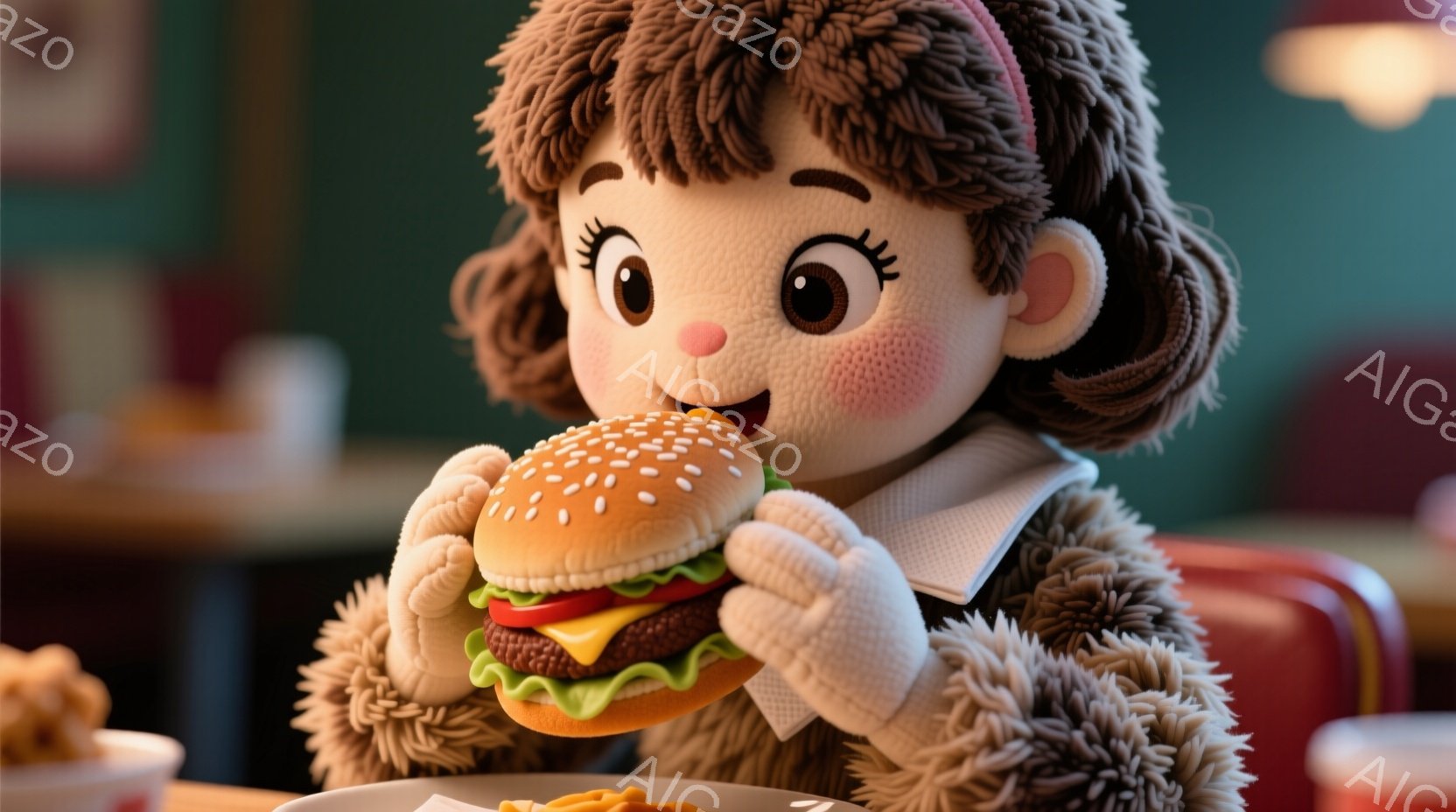 明るい茶色の巻き毛の少女がハンバーガーを美味しそうに頬張っています。ふわふわした毛皮のようなコートに白い襟がついており、頬は赤く染まっており、愛らしい表情をしています。背景は赤とクリーム色の内装のダイナーで、温かく親しみやすい雰囲気が漂っています。