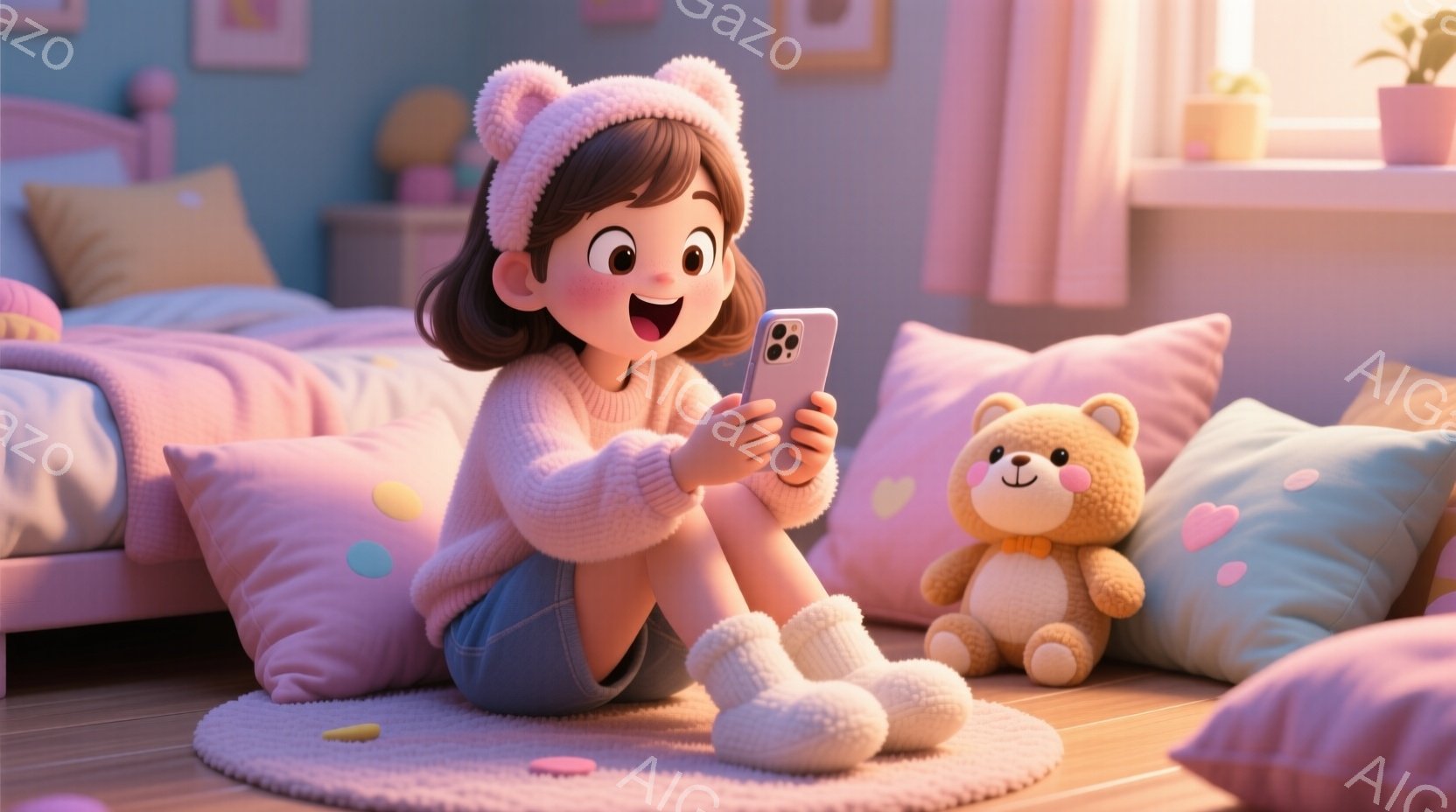 明るいピンク色の部屋で、幼い女の子が丸いカーペットの上に座ってスマートフォンを見ている。彼女は、ふわふわのニット帽とセーター、そして暖かいスリッパを着ており、顔は喜びで輝いている。背景には、ピンクの枕が置かれたベッドと、愛らしいテディベアが見え、全体的に温かく幸せな雰囲気が漂っている。