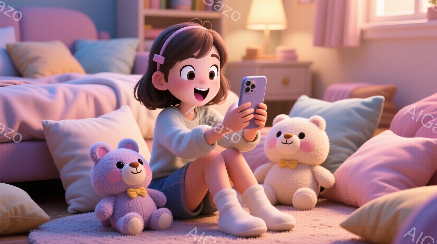 金髪で短い髪を結んでいる少女が、ピンクと白のふわふわとしたクッションに囲まれたベッドルームでスマートフォンを見つめています。彼女は薄いピンク色のセーターと短いデニムのスカートを着用し、白い靴下とスリッパを履いて座っています。背景には、パステルカラーのクッションが置かれたベッド、本棚、そして穏やかな光が差し込む窓が見え、温かく、心地よい雰囲気を醸し出しています。