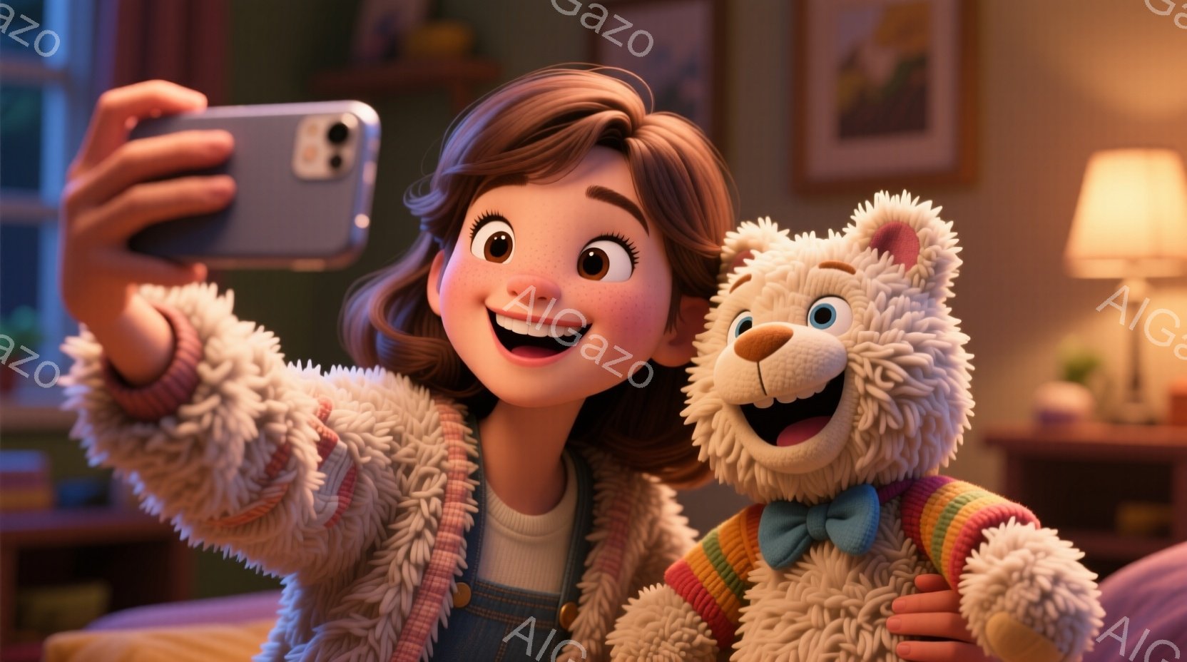 明るい髪の少女が、ふわふわのクリーム色のテディベアと自撮り写真をとっています。少女はピンク色のオーバーオールに、クリーム色のボアジャケットを着ており、笑顔でカメラに向かっています。背景には、絵画が飾ら - AI生成フリー素材