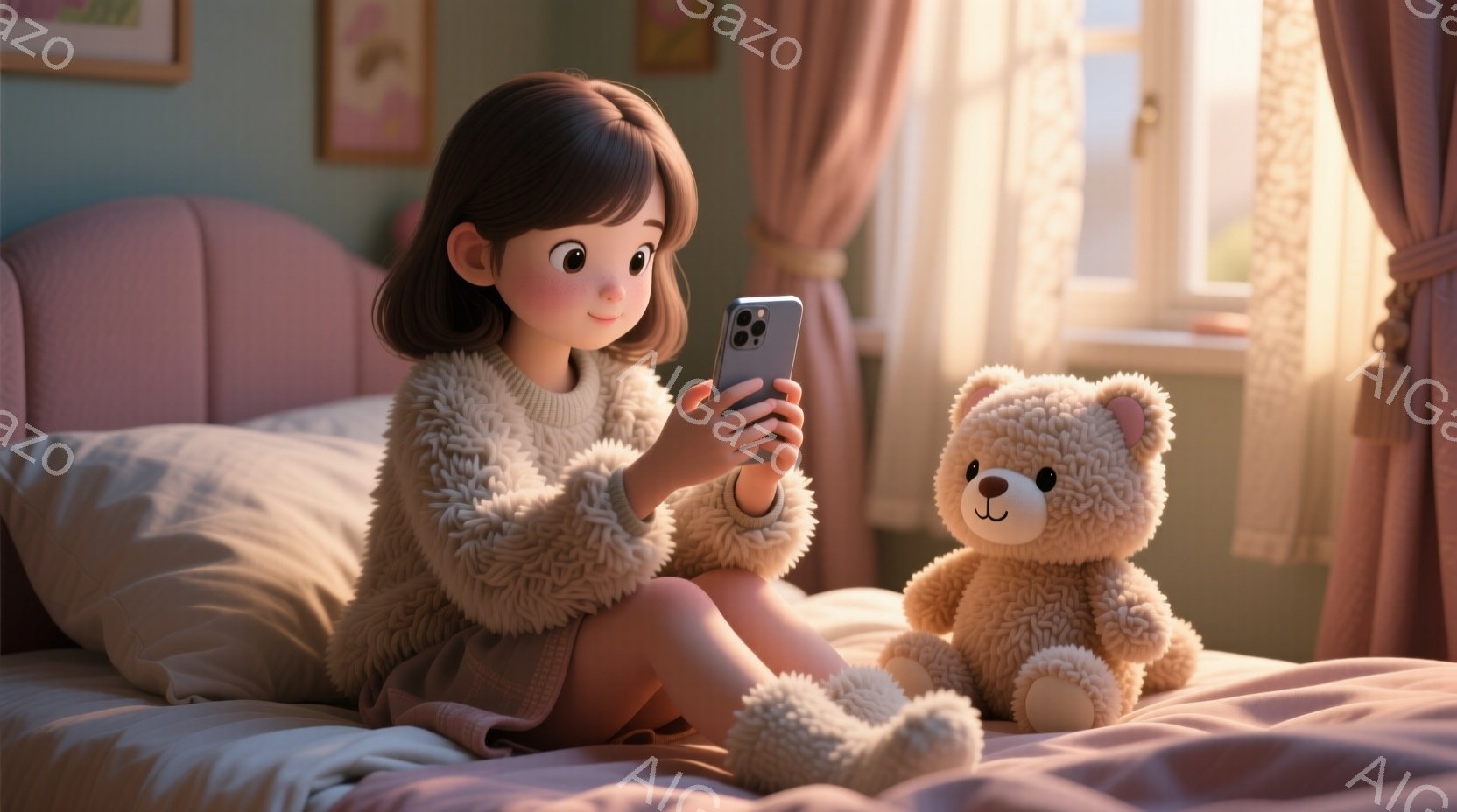 明るいピンク色のベッドに座る少女が、手にスマートフォンを持って何かを見ています。彼女は毛羽立ちのあるベージュ色のセーターとスカートを着ており、茶色の短い髪は肩にかかっています。背景には窓から差し込む光 - AI生成フリー素材