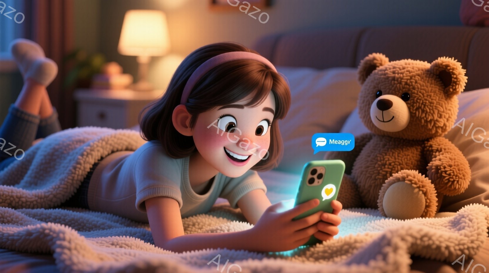 茶髪で前髪のある少女が、毛布にくるまってスマートフォンを見て笑顔を浮かべている。背景には、ぬいぐるみや間接照明が見え、温かく穏やかな雰囲気を感じさせる。彼女は白いTシャツを着ており、リラックスした姿勢で寝室にいるようだ。