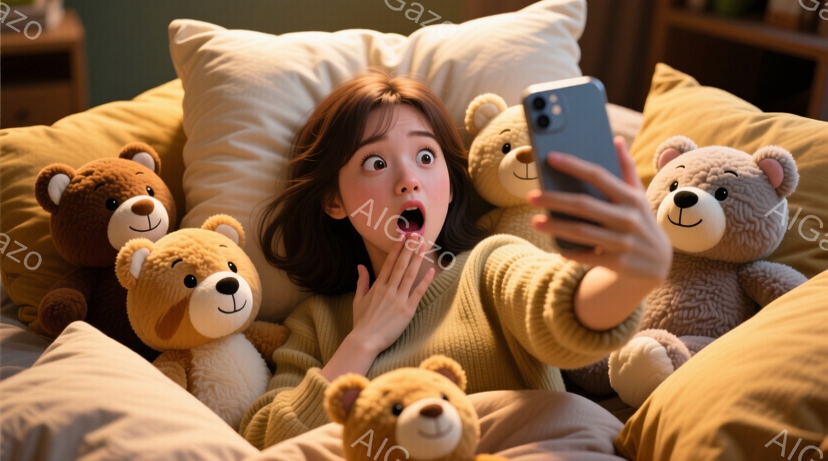 若い女性がベッドに囲まれたテディベアたちに囲まれ、驚いた表情でスマートフォンを見ています。彼女はゆったりとしたセーターを着ており、長い髪は肩にかかっています。背景には柔らかい光が差し込み、全体的に暖かく、驚きに満ちた雰囲気です。