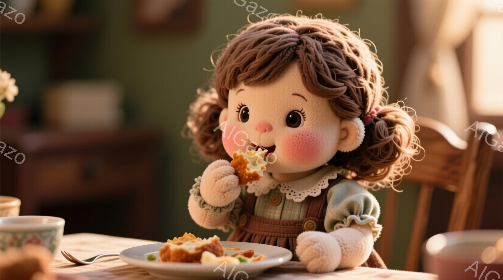 可愛らしい少女が食事をしている様子を描いています。少女は、カールした茶色の髪に、淡い緑色のブラウスと茶色のサスペンダー付きのオーバーオールを着ており、頬は赤く染まっています。テーブルにはフォークとナイ - AI生成フリー素材