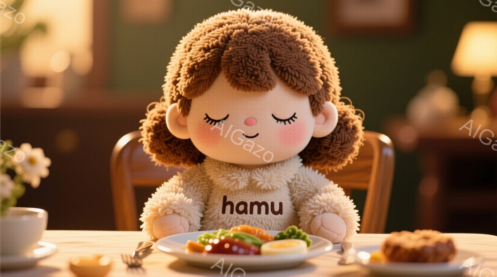 ふわふわの茶色の髪をした人形が、クリーム色のセーターを着て椅子に座っています。人形は目を閉じて微笑んでおり、まるで食事前の祈りをしているかのようです。テーブルの上には、野菜と卵の盛り合わせ、そして焦げ茶色の肉料理が置かれ、背景には柔らかい光が差し込む温かい食卓の雰囲気が漂っています。