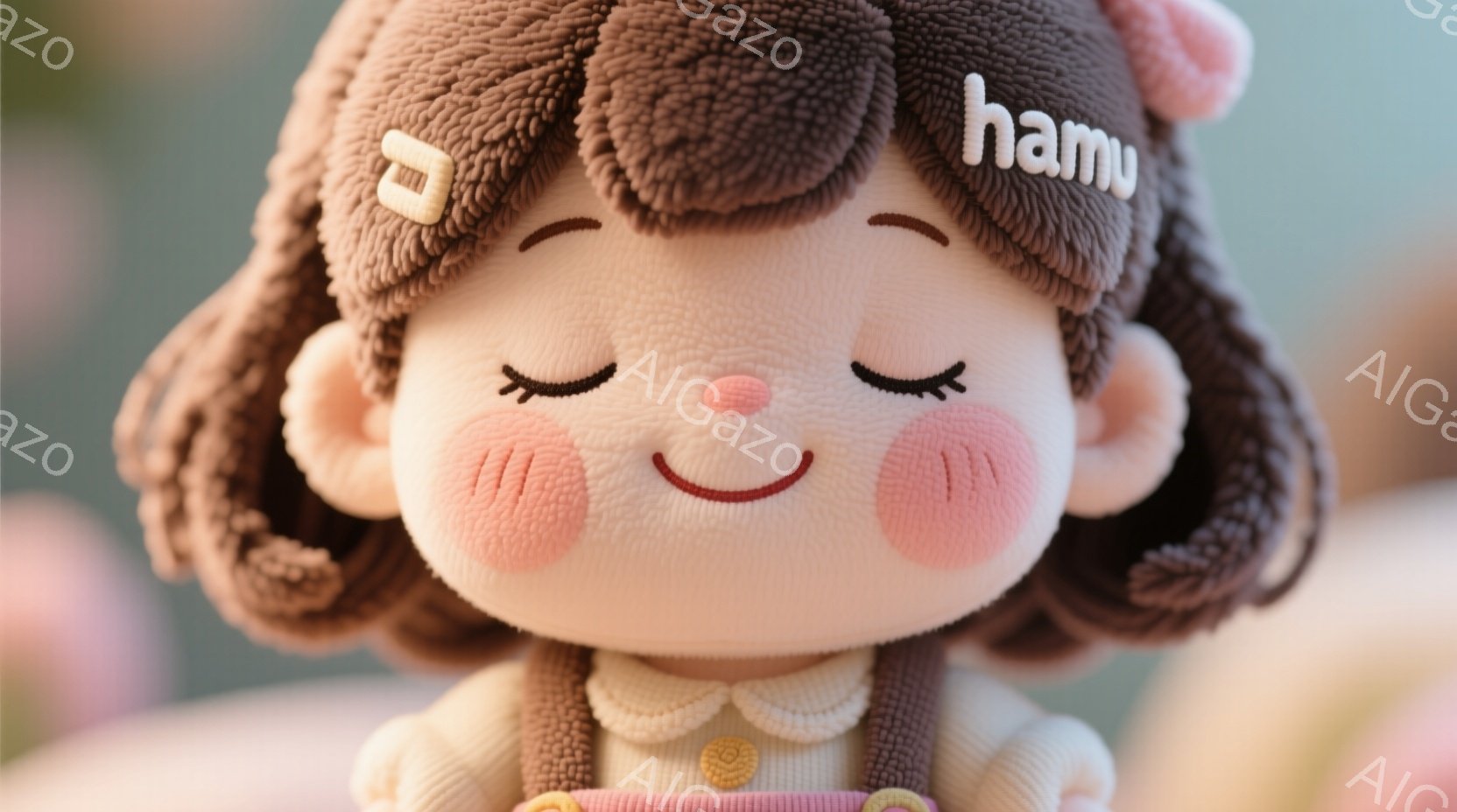 ふわふわとした茶色の巻き毛にピンク色のリボンをつけた女の子が写っています。ピンクの頬と穏やかな笑顔が印象的で、クリーム色のシャツに赤いラインが入ったセーターを着ています。背景はぼやけた緑色で、柔らかく - AI生成フリー素材