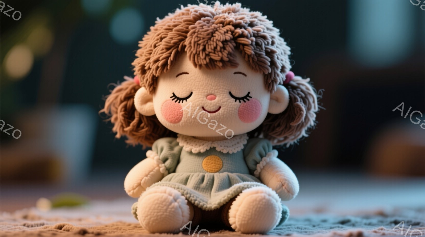 ふわふわの茶色の髪を左右に分けて二つ結びにした女の子のおもちゃが描かれています。青緑色のワンピースに白い襟、そして胸元には小さな花の飾りがあります。彼女は目を閉じて穏やかな微笑みを浮かべており、柔らかい雰囲気の中で座っています。