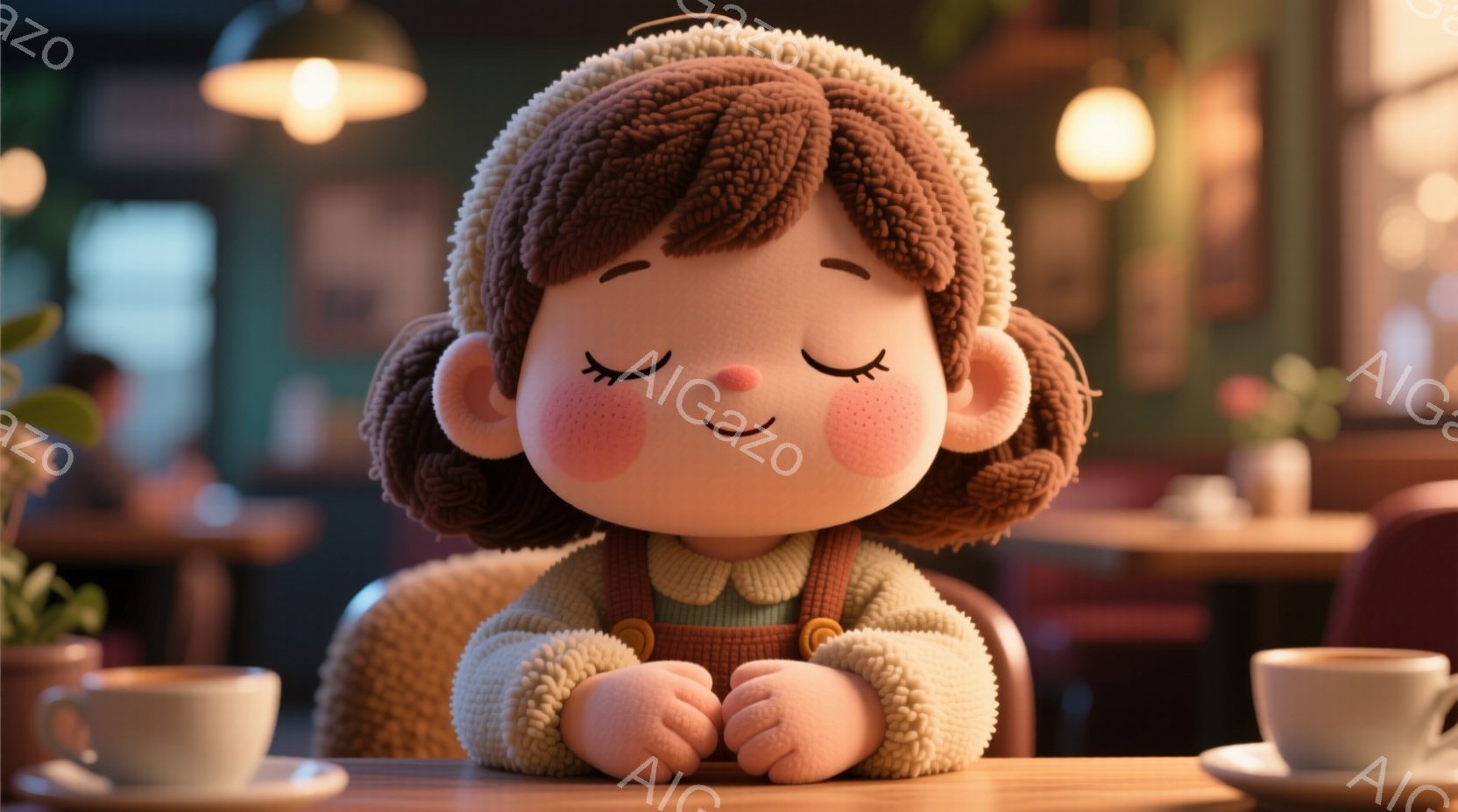 ふっくらとした頬と閉じた目を持ち、穏やかな表情の幼い女の子が描かれています。彼女は、毛糸のような質感のセーターとオーバーオールを着ており、巻き毛の髪は頭に可愛らしい帽子のように広がっています。背景はカ - AI生成フリー素材