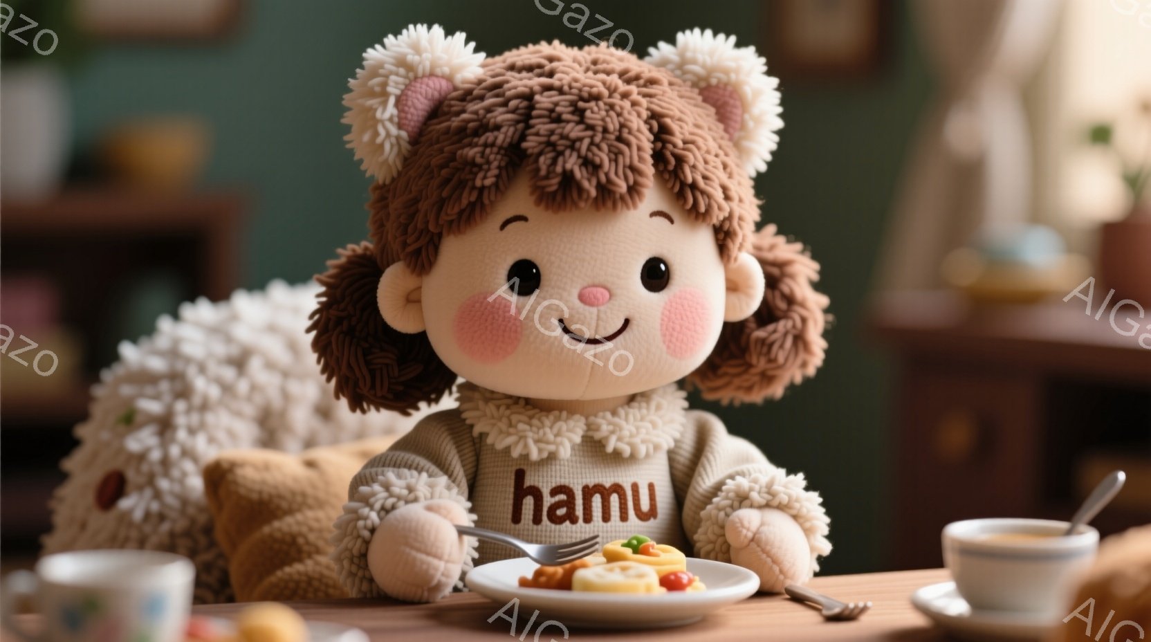 ふわふわの茶色の髪と頬を持つ、まるでぬいぐるみのような女の子が描かれています。彼女はグレーのセーターを着ており、「hamu」という文字が書かれています。テーブルには小さな皿があり、彼女はフォークを使って食事をしている最中です。