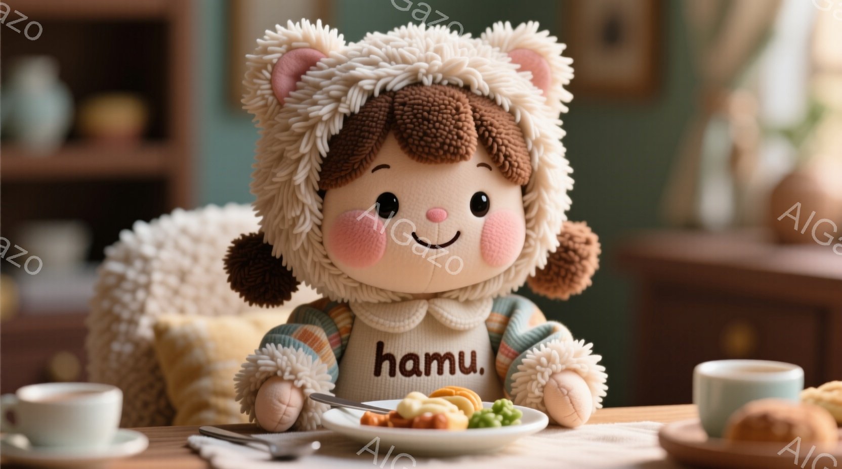 ふわふわの毛並みの人形が、テーブルを挟んで食事をしている様子が描かれています。人形は明るい色合いのチェックのシャツに、白の襟付きのベストを着用し、頭には茶色の巻き毛のウィッグと、うさぎのような耳をつけています。背景には木製の家具と、暖色系の優しい光が広がり、全体的に温かく、ほのぼのとした雰囲気を醸し出しています。