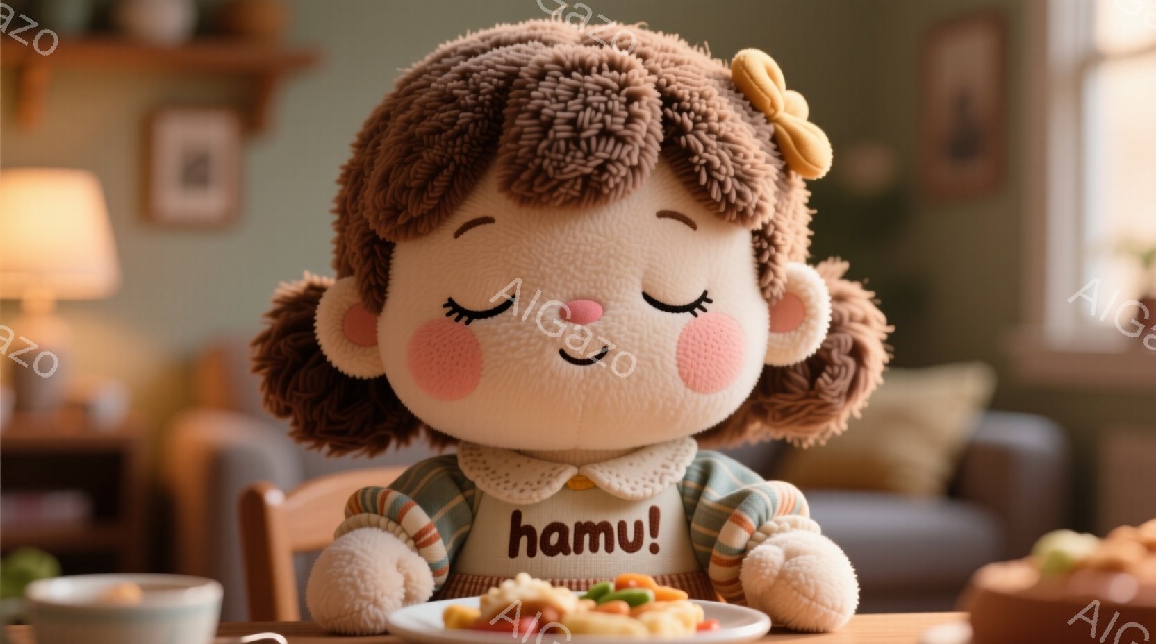 ふわふわの巻き毛の女の子のおもちゃが、食事の前に目を閉じて祈りを捧げています。緑と茶色の縞模様の服を着ており、白い襟が可愛らしいです。背景には、暖色系のソファと、ぼんやりとした絵画が見え、全体的に温か - AI生成フリー素材