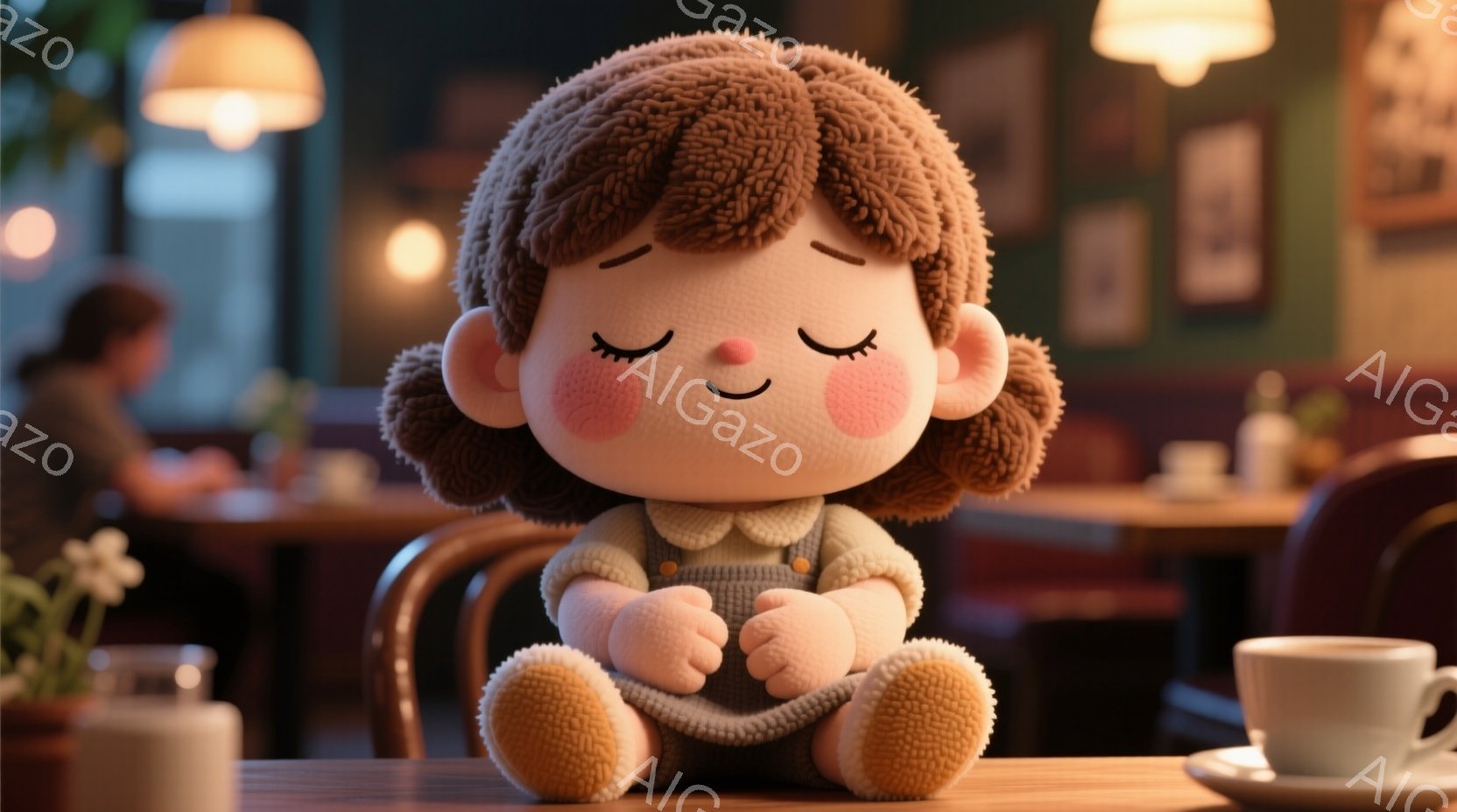 ふわふわとした茶色の髪と桃色の頬が愛らしい人形が、木のテーブルに座って目を閉じています。人形は淡い水色のニットのセーターと茶色のズボンを身につけ、両手を膝の上に置いてリラックスした姿勢を見せています。背景には、ぼやけたカフェの様子が見え、暖色系の照明が優しく、温かい雰囲気を醸し出しています。
