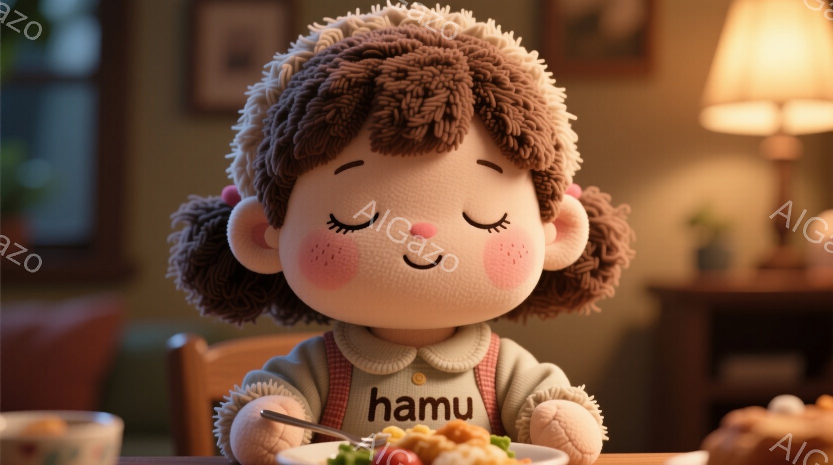 ふわふわの茶色の巻き毛に、ピンクの頬と愛らしい笑顔が印象的な幼い女の子が描かれています。彼女はテーブルに向かって座り、両手を組んで目を閉じ、食事の前に感謝しているような姿勢をとっています。背景には暖色 - AI生成フリー素材