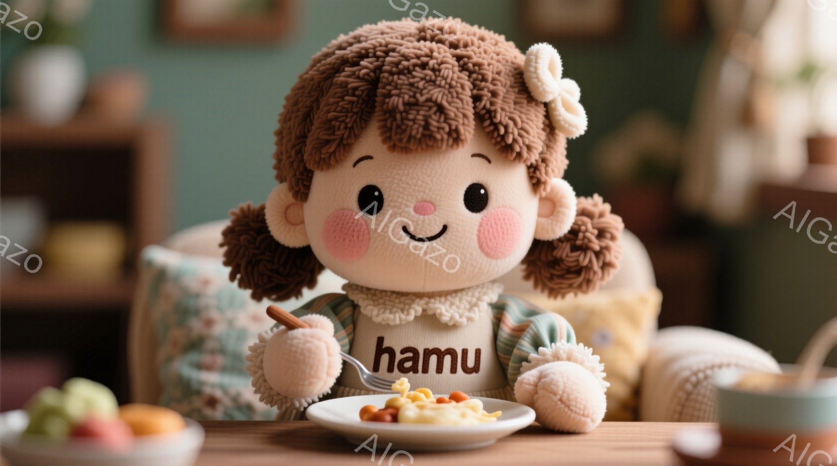 ふわふわの茶色の髪で、頭には小さな白いリボンが付いた人形が描かれています。人形は、フリル付きの白い襟が特徴の薄緑色の服を着ており、片手でフォークを持ち、小さな皿に入ったマカロニを美味しそうに食べているようです。背景には、木製のテーブルと椅子、そしてぼやけた暖色系の部屋が写っており、全体的に温かく、可愛らしい雰囲気です。
