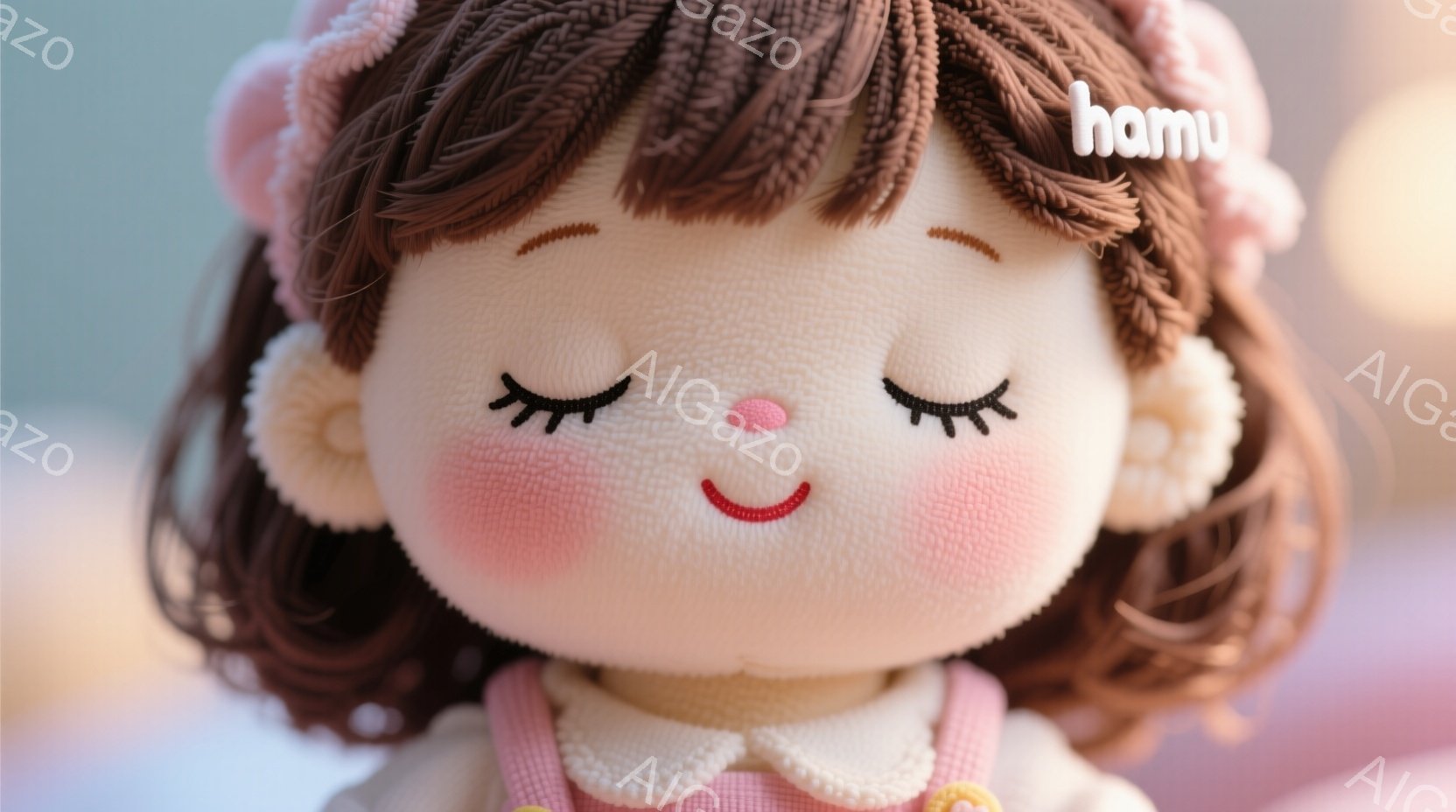 茶色の巻き毛の髪とピンクの頬を持つ、可愛らしい人形のクローズアップです。人形はピンクの服を着ており、頭には白いポンポンが付いた帽子をかぶっています。人形は目を閉じて微笑んでおり、全体的に温かく、夢のような雰囲気です。