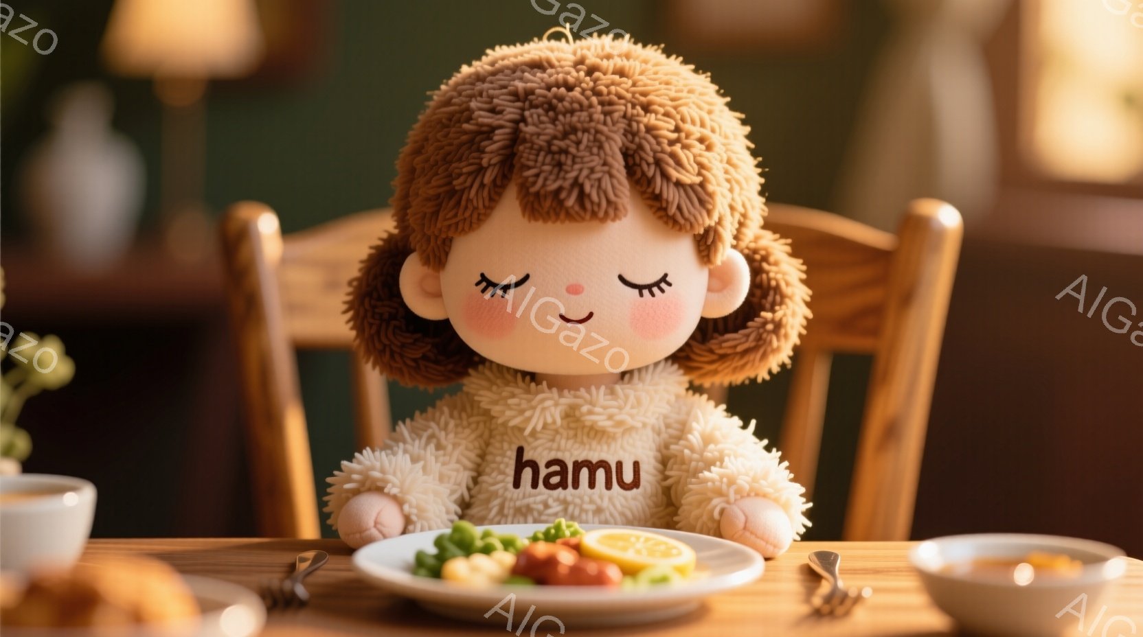 ふわふわの茶色の髪をした少女が、クリーム色のセーターを着てテーブルに座っています。彼女は目を閉じて微笑んでおり、リラックスした様子です。背景には、暖色の照明と、食事の盛り付けられたお皿が見え、穏やかで心地よい雰囲気が漂っています。