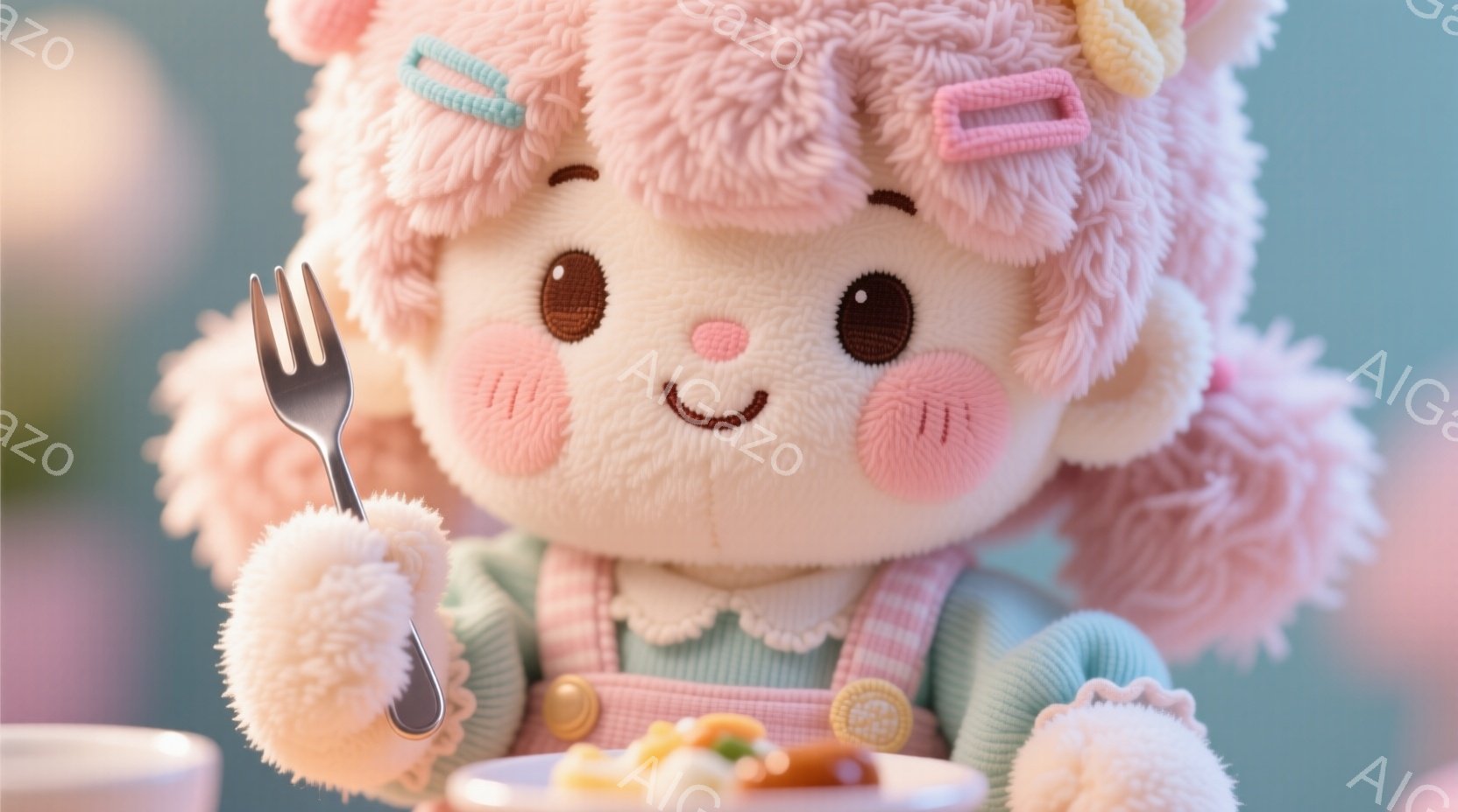 ふわふわのピンク色の髪に大きな瞳が印象的な、可愛らしいぬいぐるみです。水色のオーバーオールに白いフリル襟がついており、頬は桜色に染まっています。フォークを持ってプレートの食事を見つめており、全体的に優しく、温かい雰囲気が漂っています。