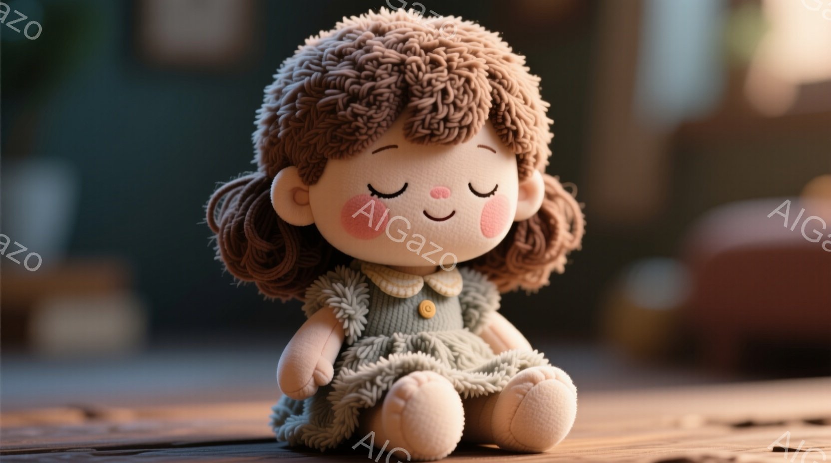 ふわふわとした茶色の巻き毛が特徴的な、可愛らしい人形が写っています。水色のワンピースを着ており、頬にはピンクの紅が塗られています。人形は目を閉じ、穏やかな表情で座っており、全体的に温かく優しい雰囲気を - AI生成フリー素材