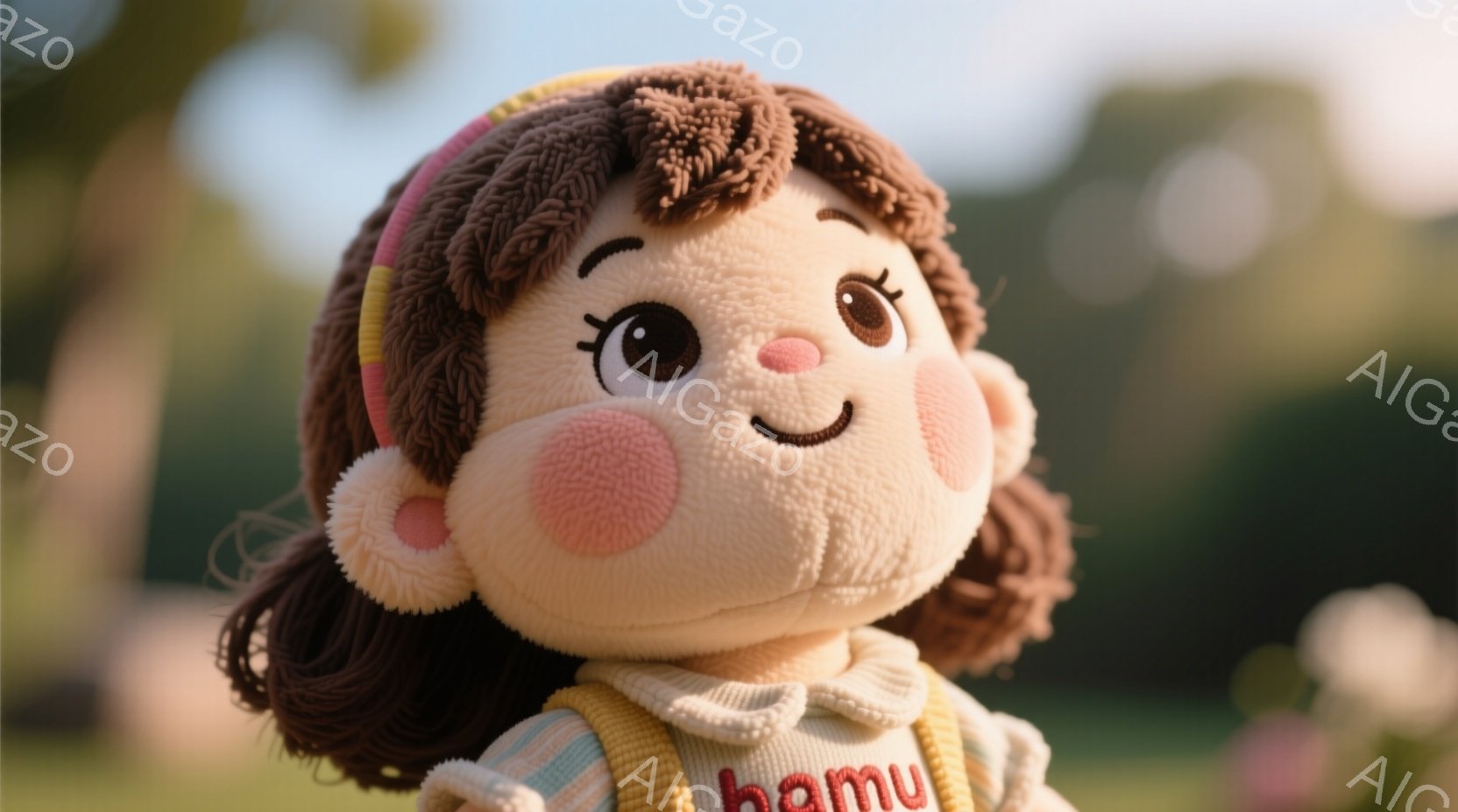 明るい茶色の巻き毛にピンク色のヘッドバンドをつけた、愛らしい女の子の人形が写っています。薄いピンクの頬と大きな目は可愛らしく、クリーム色のオーバーオールを着ています。背景には緑の植物がぼやけており、暖かく穏やかな雰囲気が漂っています。