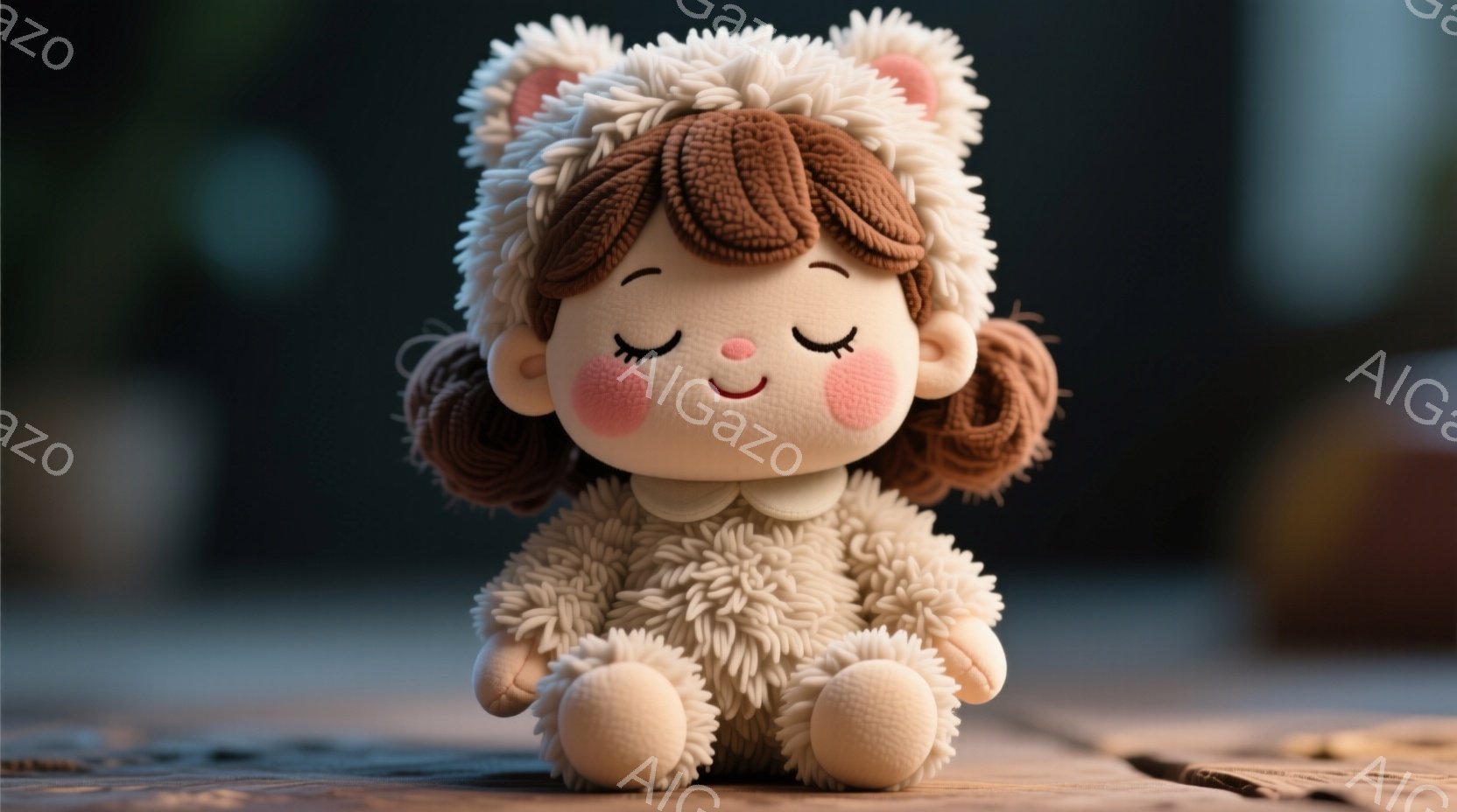 ふわふわとしたクリーム色の衣装を身につけた人形が、目を閉じ、穏やかな笑顔を浮かべて座っています。茶色の巻き毛のような髪型で、頭にはふわふわの白い耳飾りをつけています。背景はぼやけており、木製の表面に置かれている様子から、室内または自然環境の一部のようです。