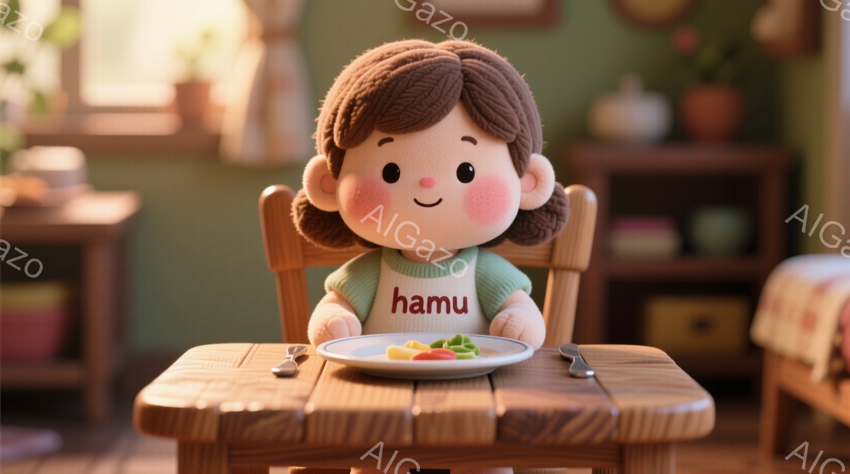 可愛らしい女の子が食卓に向かって座っている様子を描いています。彼女は茶色の巻き毛で、頬は赤く、優しい笑顔を浮かべています。緑色のセーターを着ており、テーブルの上には赤、緑、黄色の小さな野菜が盛り付けられた皿があります。