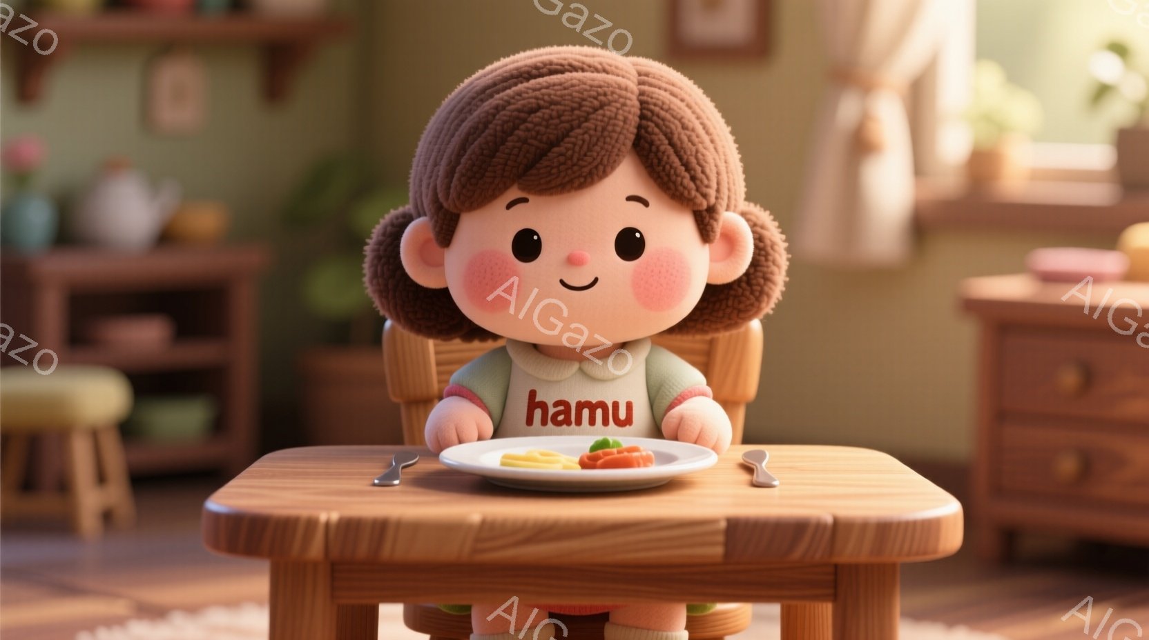 明るい茶色の巻き毛の少女が、緑色の服に「hamu」と書かれた文字が描かれています。彼女は小さな木のテーブルに向かい、お皿に盛られた野菜（ニンジンとブロッコリー）をフォークで食べようとしています。背景には木製のキャビネットと棚があり、温かく、居心地の良い家庭的な雰囲気が漂っています。