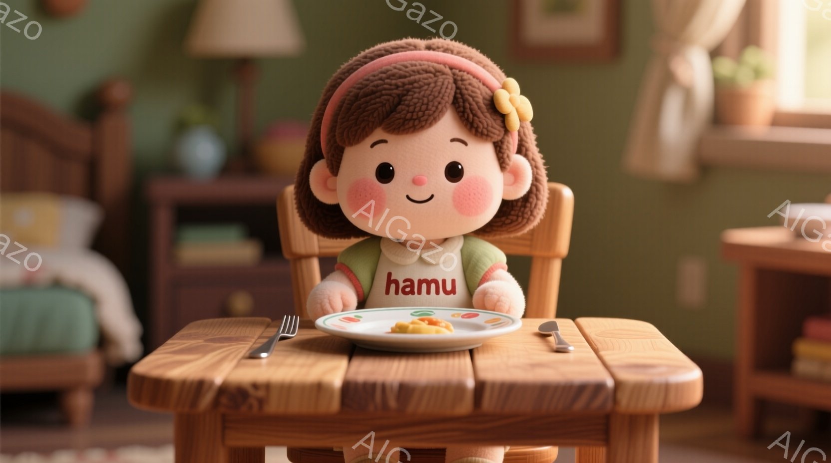 明るい茶色の巻き毛に、オレンジ色の髪飾りをつけた少女が、木製の椅子に座って食事をしています。赤色のオーバーオールに「hamu」と書かれており、頬は赤く、満面の笑みを浮かべています。背景には木製の家具や植物が置かれ、温かく、おとぎ話のような雰囲気を醸し出しています。