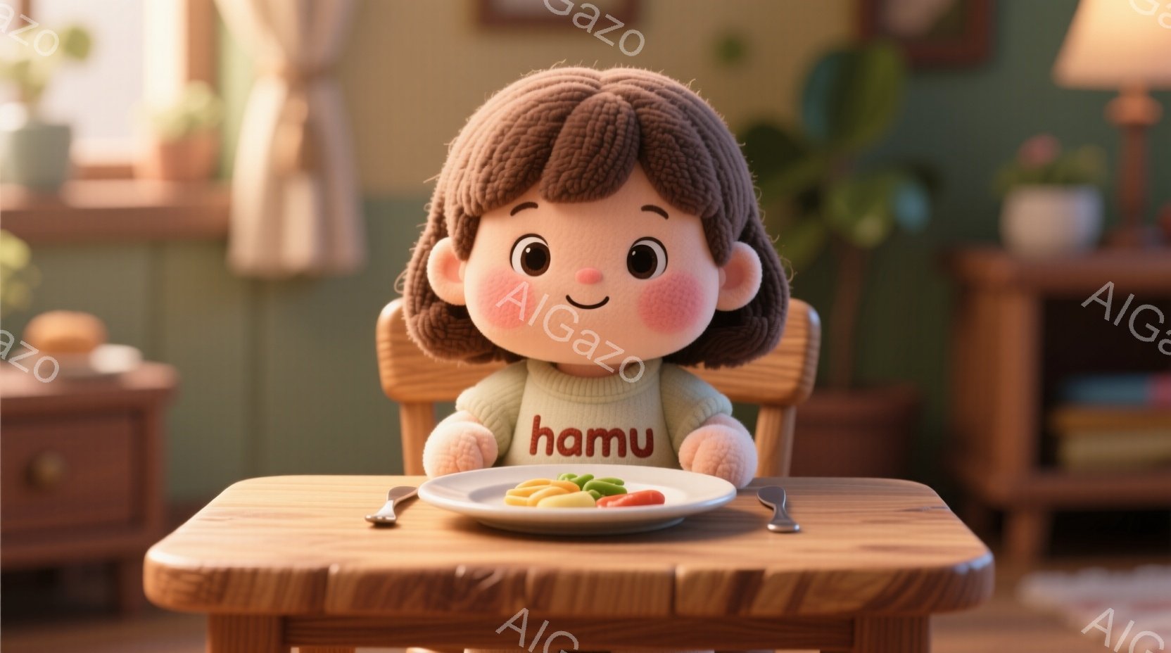 明るいピンク色の頬を持つ、茶色の巻き髪の女の子がテーブルの前に座っています。彼女は明るい水色のセーターを着ており、「hamu」という文字が書かれています。背景には木製のキャビネットと緑の植物が見え、温 - AI生成フリー素材