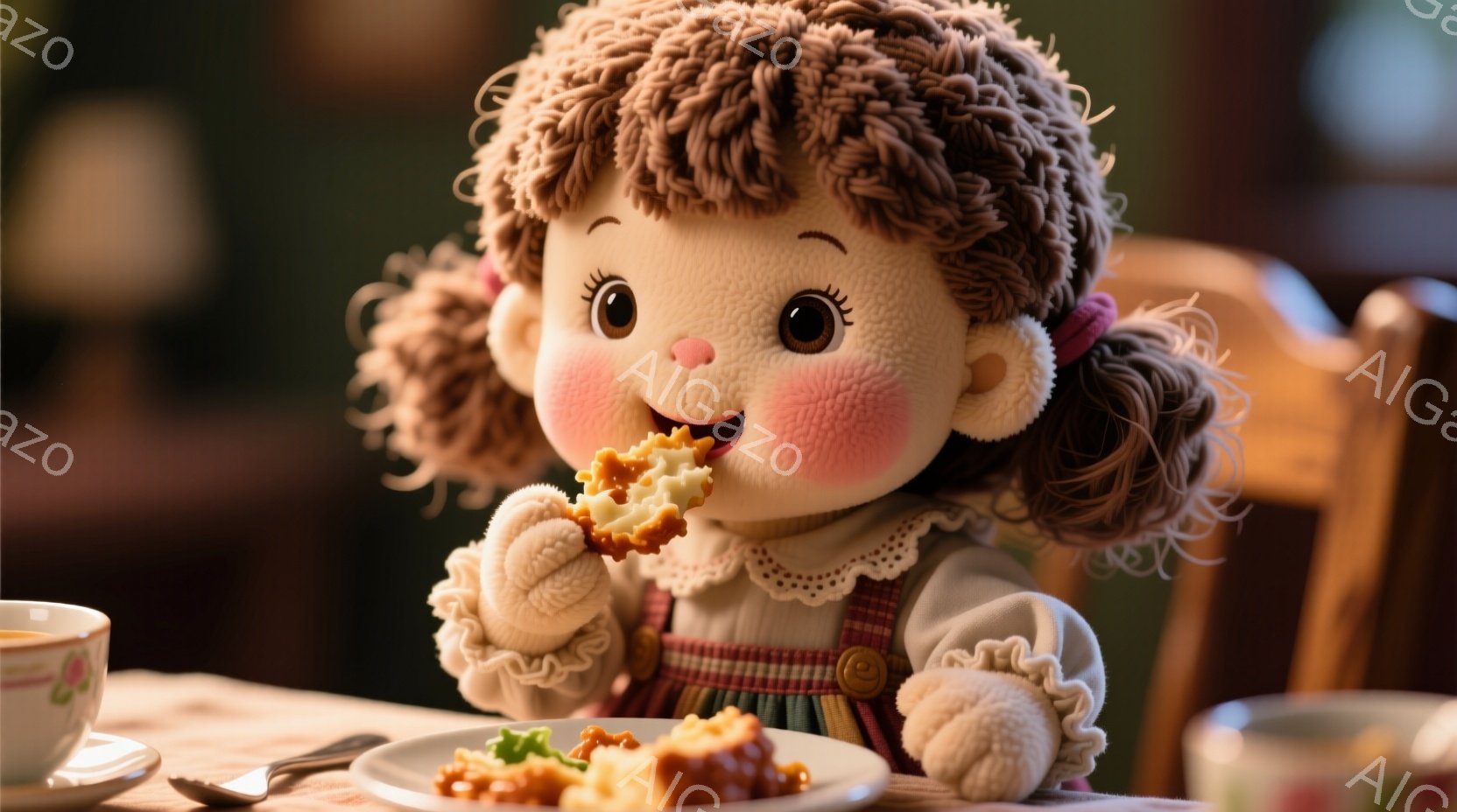 明るい色のドレスを着た、愛らしい女の子の人形が描かれています。彼女は頬を赤く染め、嬉しそうに小さな料理を手に持っています。背景には、食卓と食器がぼやけて写っており、温かく家庭的な雰囲気が漂っています。 - AI生成フリー素材