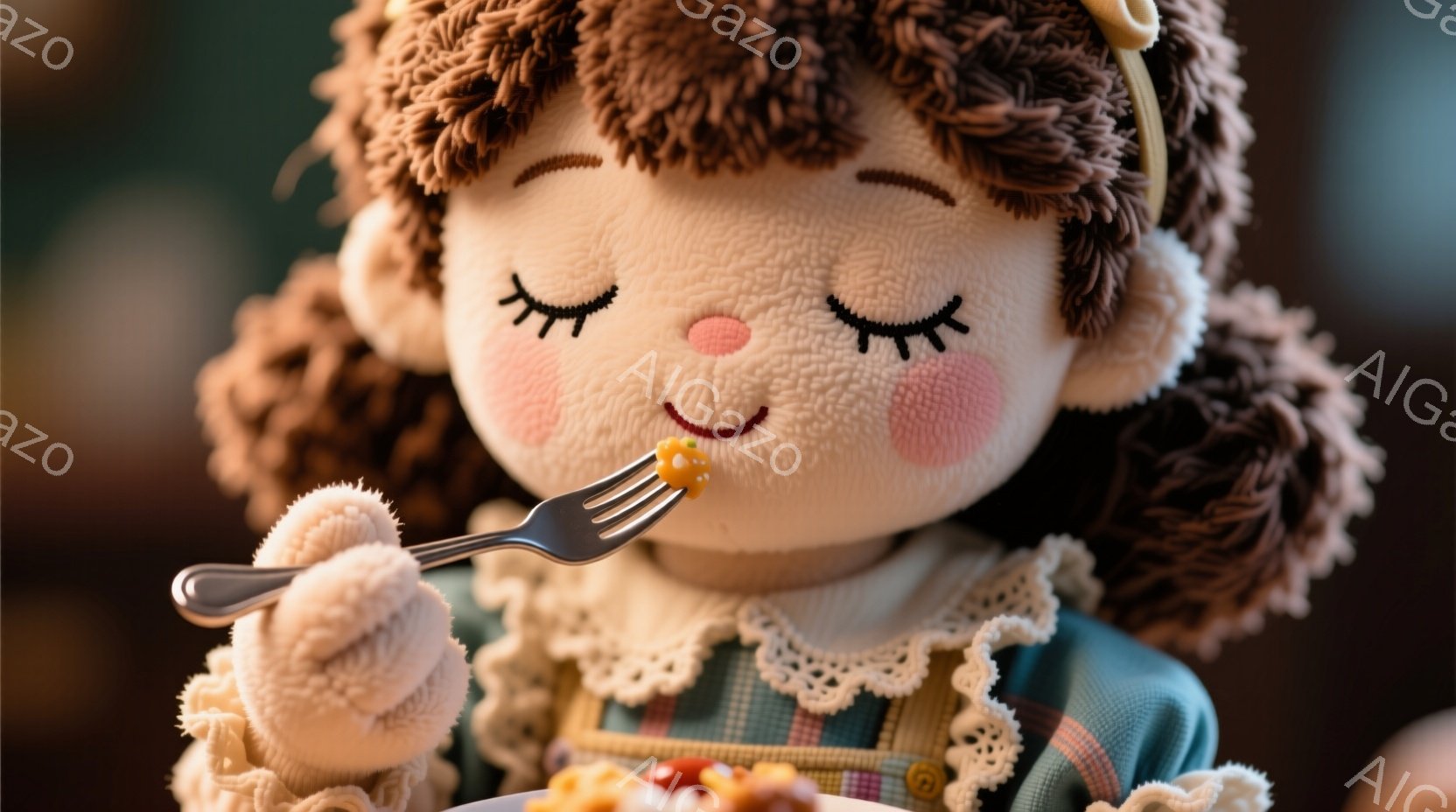 茶色で巻き毛の髪に黄色いリボンをつけた女の子の人形が、フォークでパスタを食べている様子が描かれています。淡い緑色のドレスに白いレースの付け襟が可愛らしく、頬は赤く、穏やかな微笑みを浮かべています。背景 - AI生成フリー素材