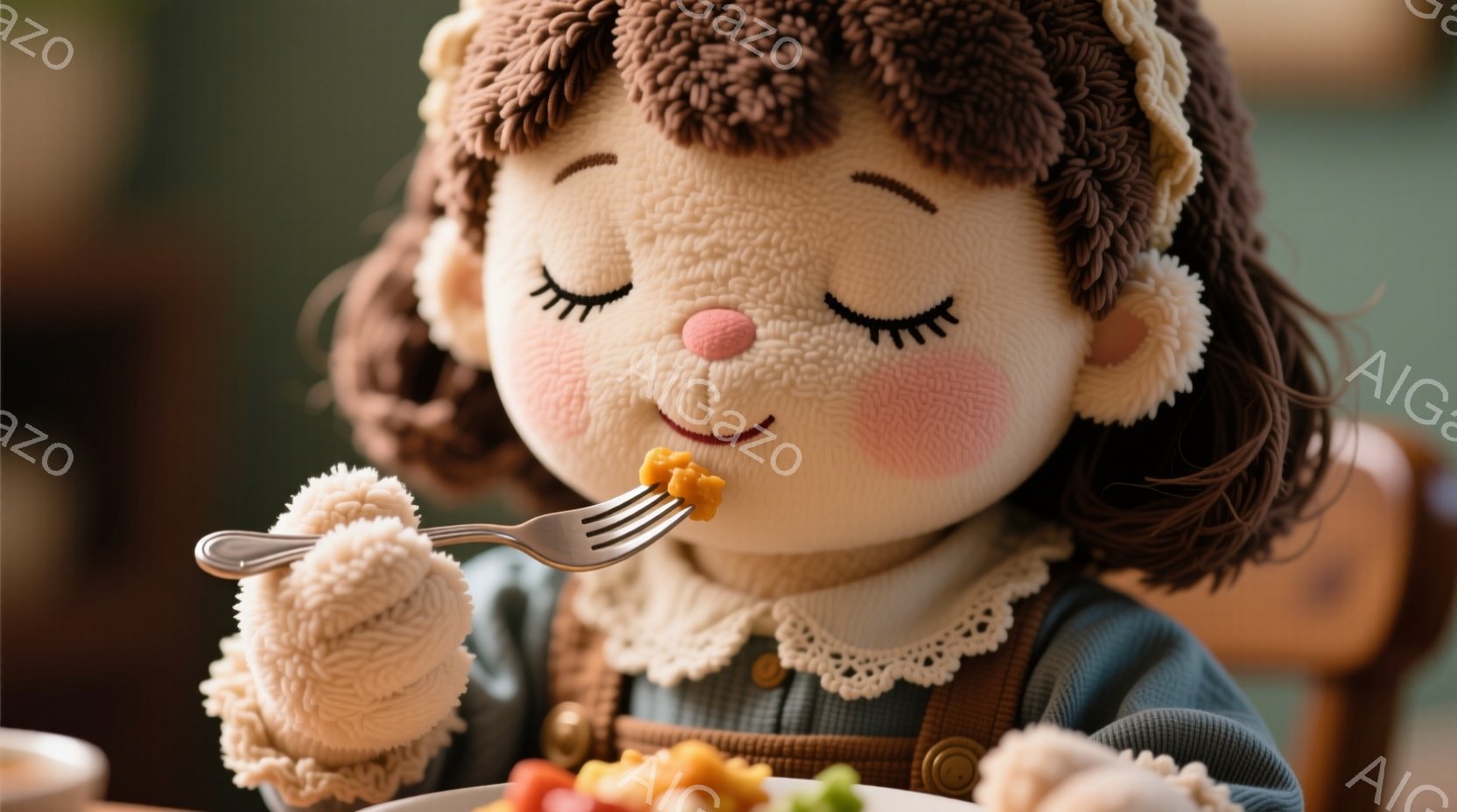 丸い顔と頬の赤い人形が食事をしている様子を捉えています。人形は暗い緑色のセーターと白いレースの襟の服を着ており、茶色の巻き毛の髪型です。フォークで黄色い野菜を口に運ぼうとしており、背景にはぼやけたテーブルと椅子が見え、暖かく優しい雰囲気が漂っています。