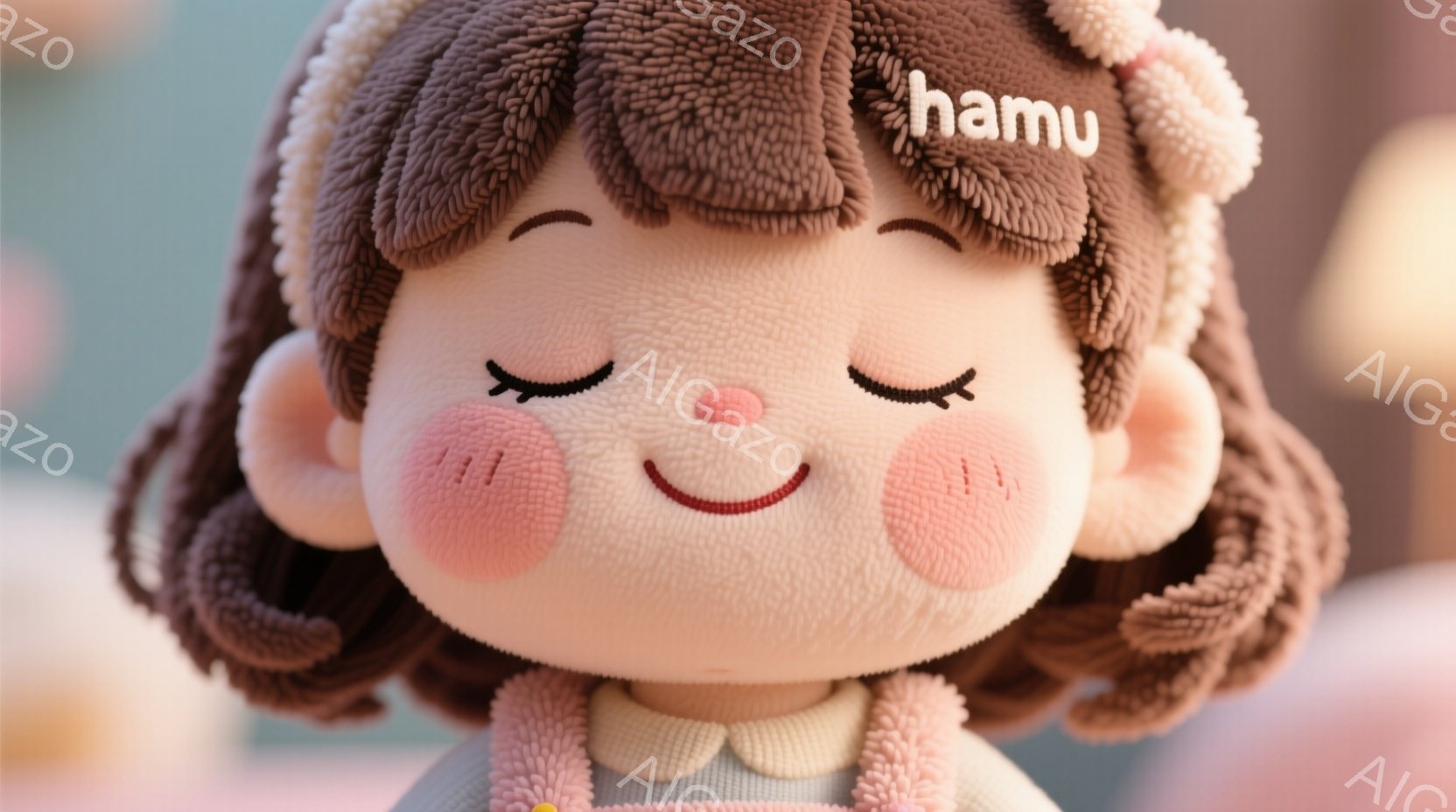 茶色の巻き毛の髪にピンクのチークが可愛らしい女の子の人形が写っています。白い襟のついた薄いピンク色の服を着ており、目は閉じ、穏やかな笑顔を浮かべています。背景はぼやけていますが、淡い色合いで、柔らかく温かい雰囲気を醸し出しています。