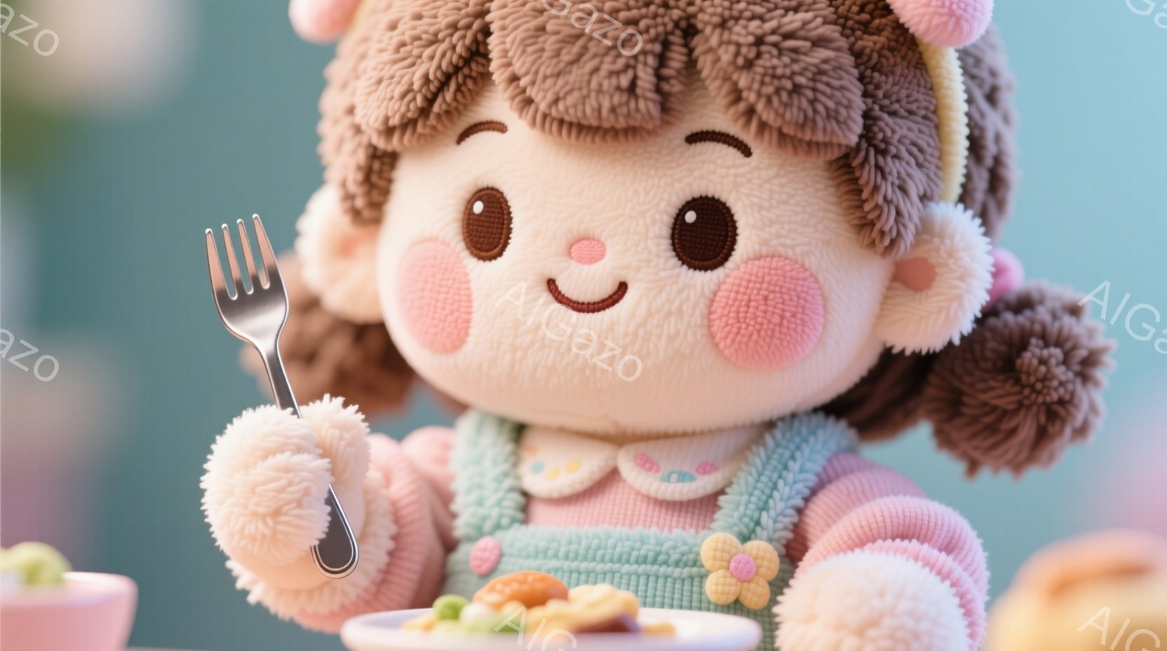 ふわふわの茶髪を二つに結んだ少女の人形が、ピンク色のオーバーオールに水色のエプロンを付けています。嬉しそうな表情でフォークを持ち、小さな皿に盛られたご飯をつまもうとしています。背景はぼかされており、パステルカラーの柔らかな雰囲気で、おもちゃのような温かさを感じさせます。