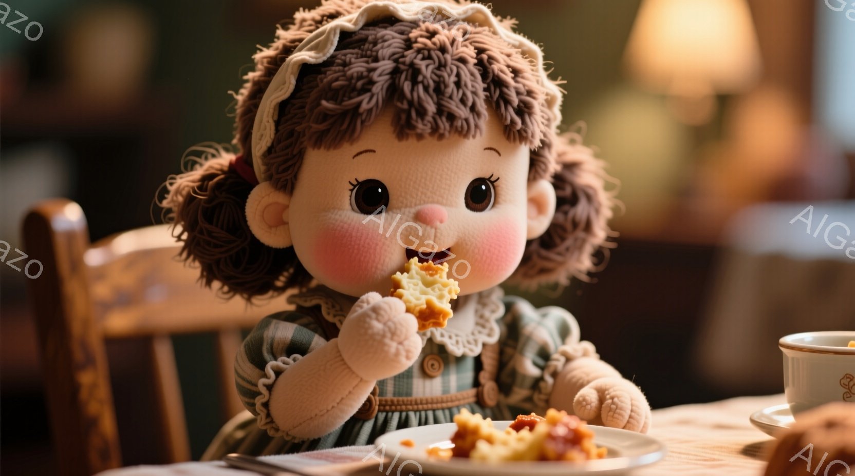 これは、柔らかい巻き毛の茶髪で、頬が赤く染まった人形の女の子が食事をしている様子を描写した画像です。緑色のストライプのドレスを着ており、小さな手でフォークを使って何かを口に運んでいます。背景には木製の - AI生成フリー素材