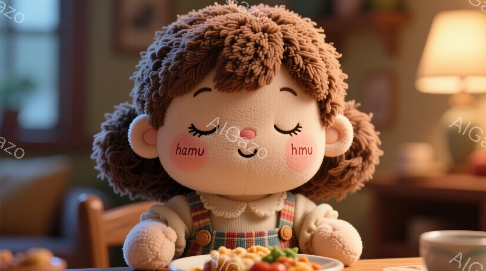 ふわふわとした茶色の髪と赤い頬を持つ少女の人形が、テーブルを挟んで食事をとっています。白い襟付きのトップスに、赤いオーバーオール姿で、目を閉じ穏やかな表情を浮かべています。背景には木製の椅子とテーブル - AI生成フリー素材