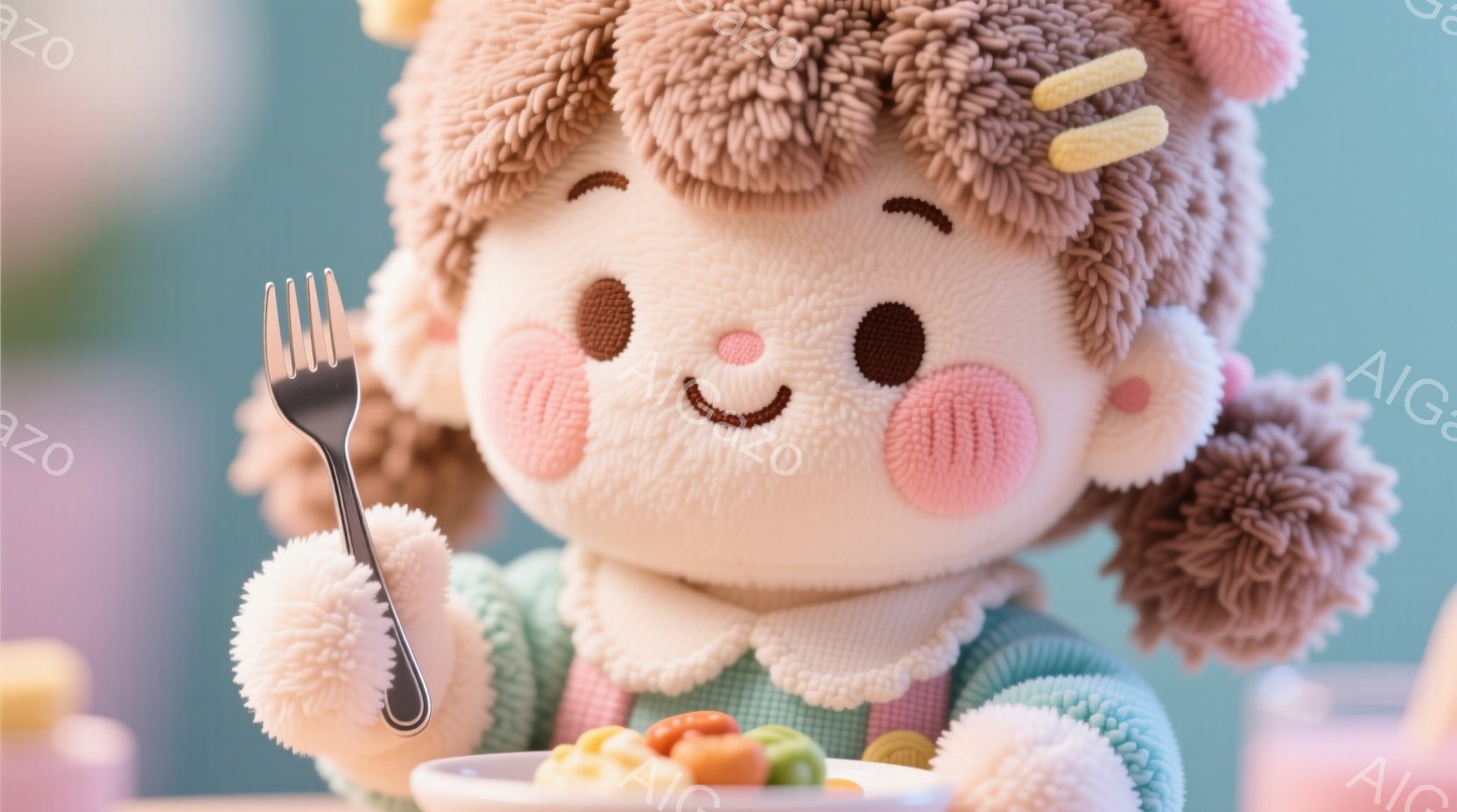 ふわふわした茶色の髪に2つの小さな黄色いバレッタをつけた、ぬいぐるみのような女の子が描かれています。彼女は緑色のセーターと白いフリル襟を着ており、小さな皿に入ったカラフルなパスタをフォークでつついている様子です。背景はぼやけていますが、おそらくレストランのような、暖かく、遊び心のある雰囲気です。
