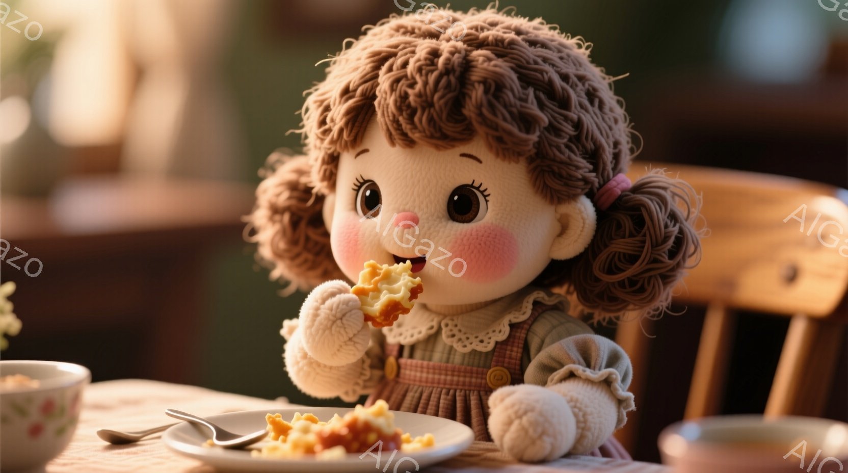 明るい茶色の巻き毛に、赤い頬と大きな瞳が特徴の幼い女の子が描かれています。緑色のオーバーオール風の服を着て、フォークでパスタをつまんで口に運んでいます。背景には木製のテーブルと椅子、そしてぼやけた暖色 - AI生成フリー素材