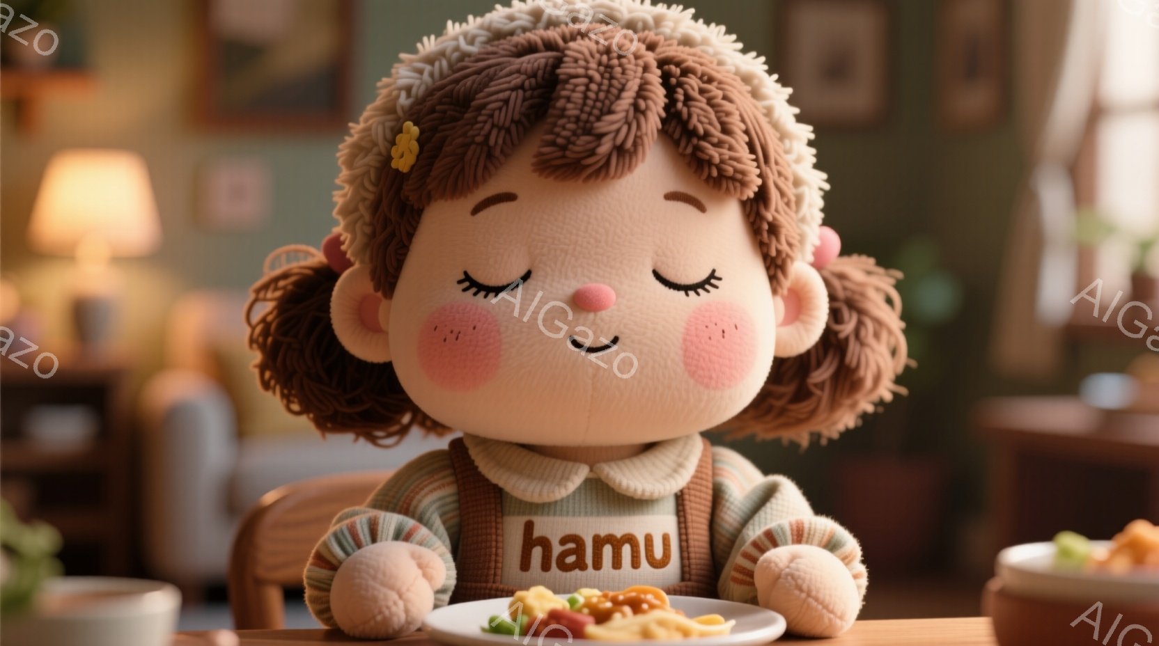 明るい緑色の壁を背景に、茶色の巻き毛に小さな黄色い花飾りをつけた少女が描かれている。彼女はクリーム色のオーバーオールと薄緑色のシャツを着ており、目をつむって幸せそうに食事をしている。テーブルの上には、豆と野菜が盛られた白い皿があり、温かみのある家庭的な雰囲気が漂っている。