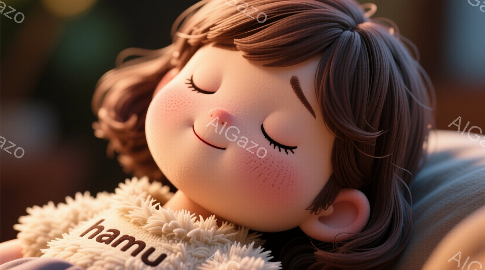 幼い少女が目を閉じ、穏やかな表情で横たわっています。茶色の巻き毛にそばかすがあり、白いふわふわしたセーターを着ています。セーターには「hamu」という文字が書かれており、全体的に暖かく柔らかな雰囲気です。